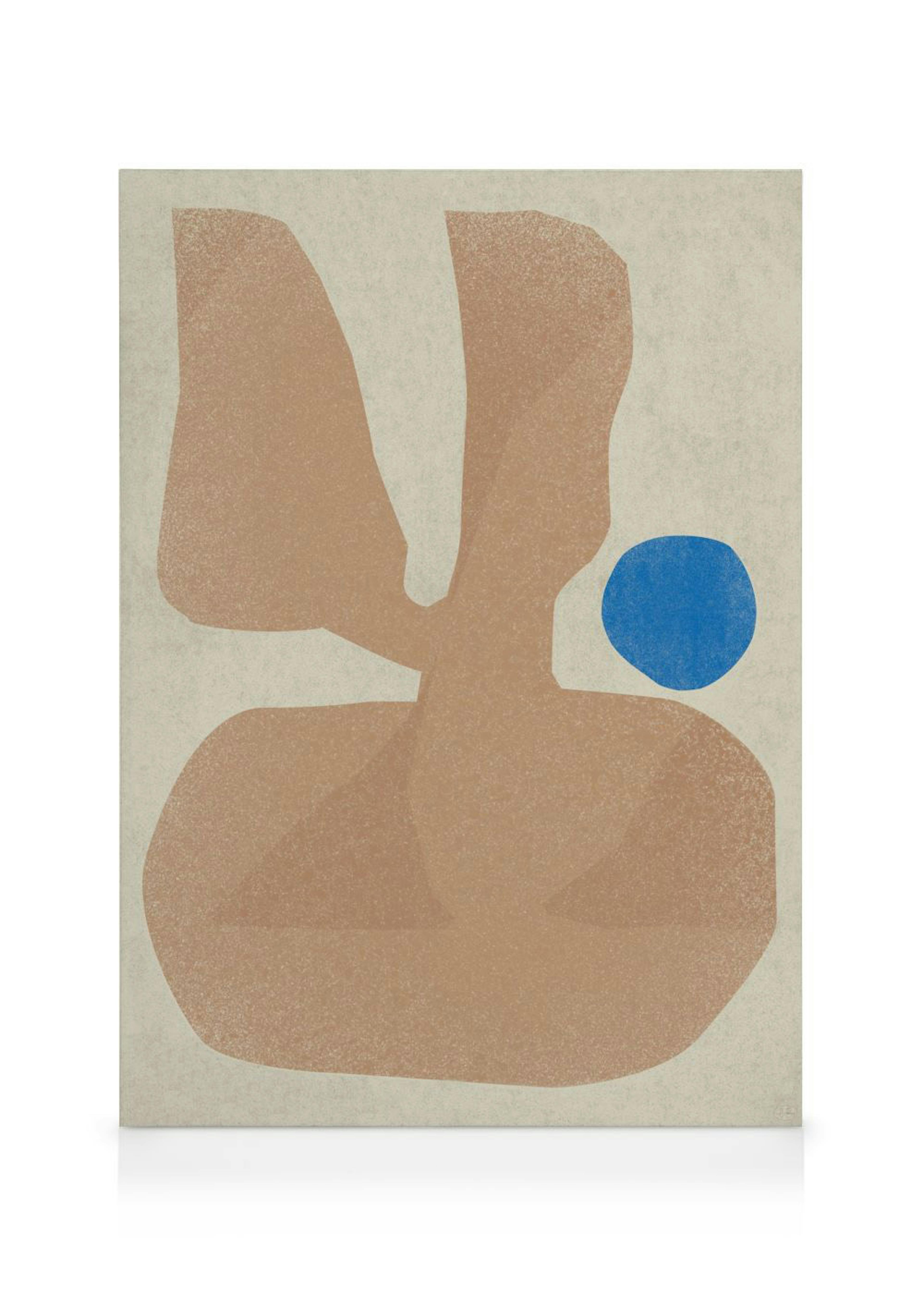 Abstract canvas print of organic shapes in earthy tones with a vibrant blue circle, Berenice Hernandez artwork.