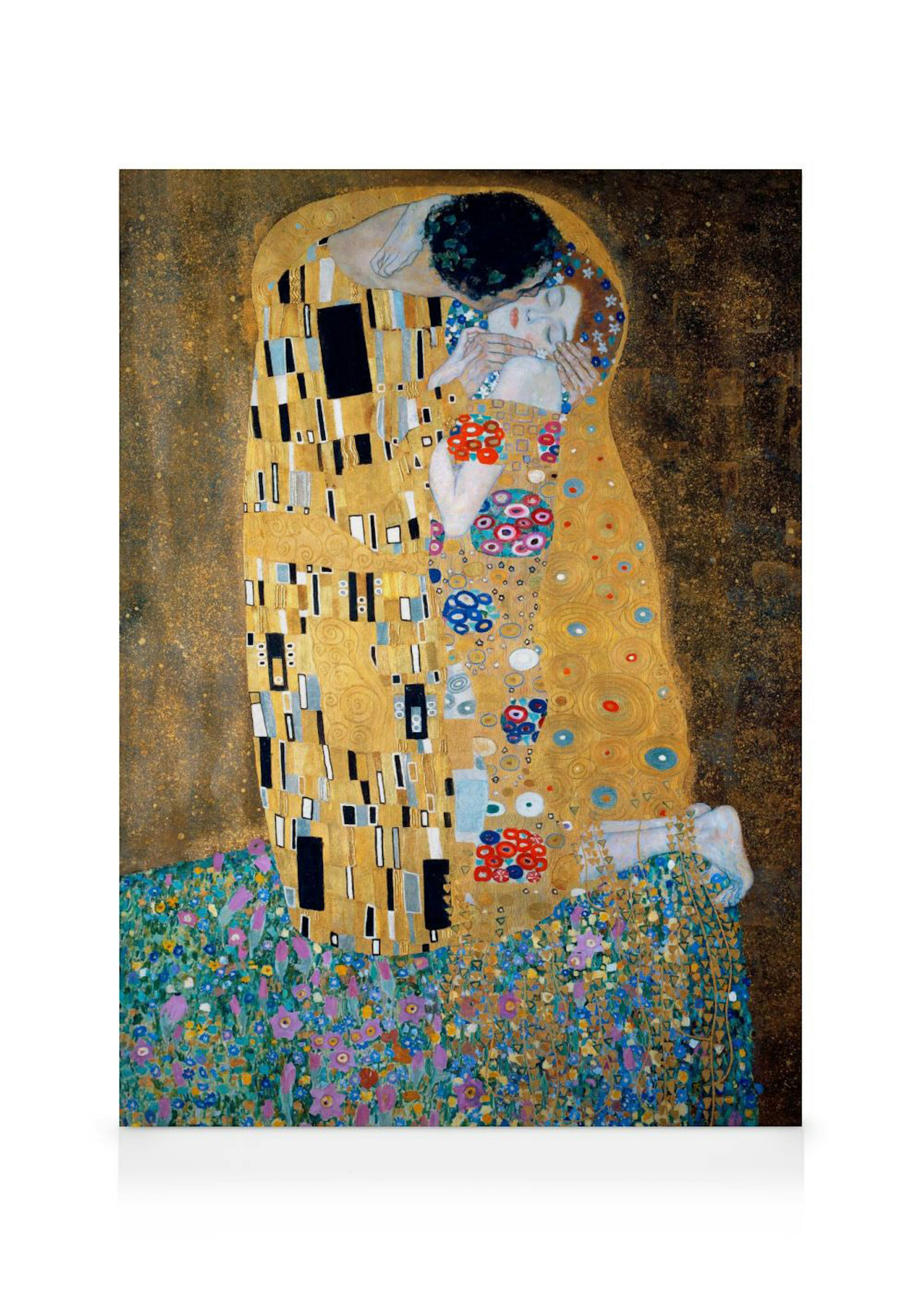 Gustav Klimt - Kysset lærred, et par i gyldne klæder omfavner hinanden på en eng i art nouveau-stil.