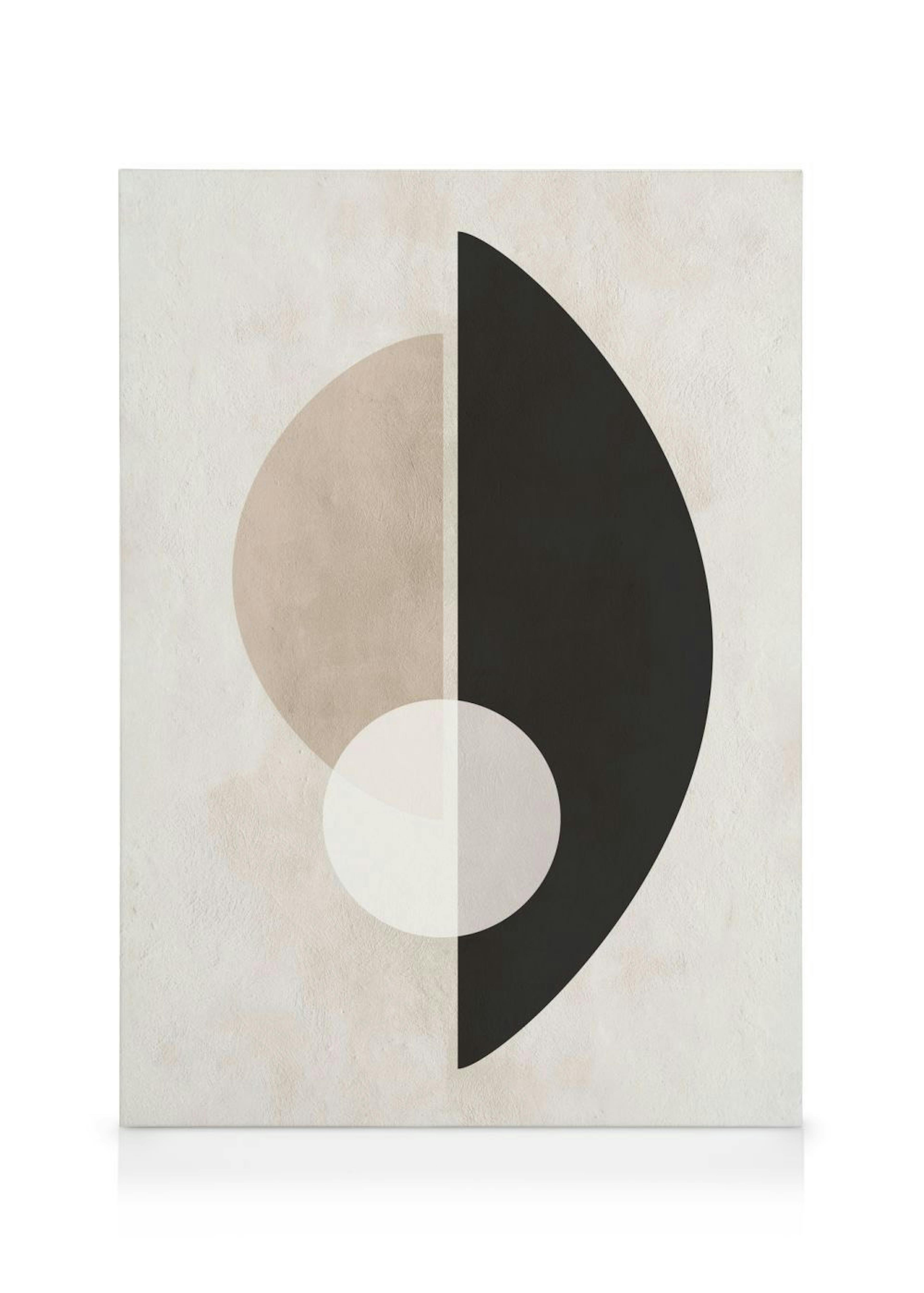 Lienzo con formas abstractas en beige, círculos superpuestos marrones, blancos y negros para continuidad visual.