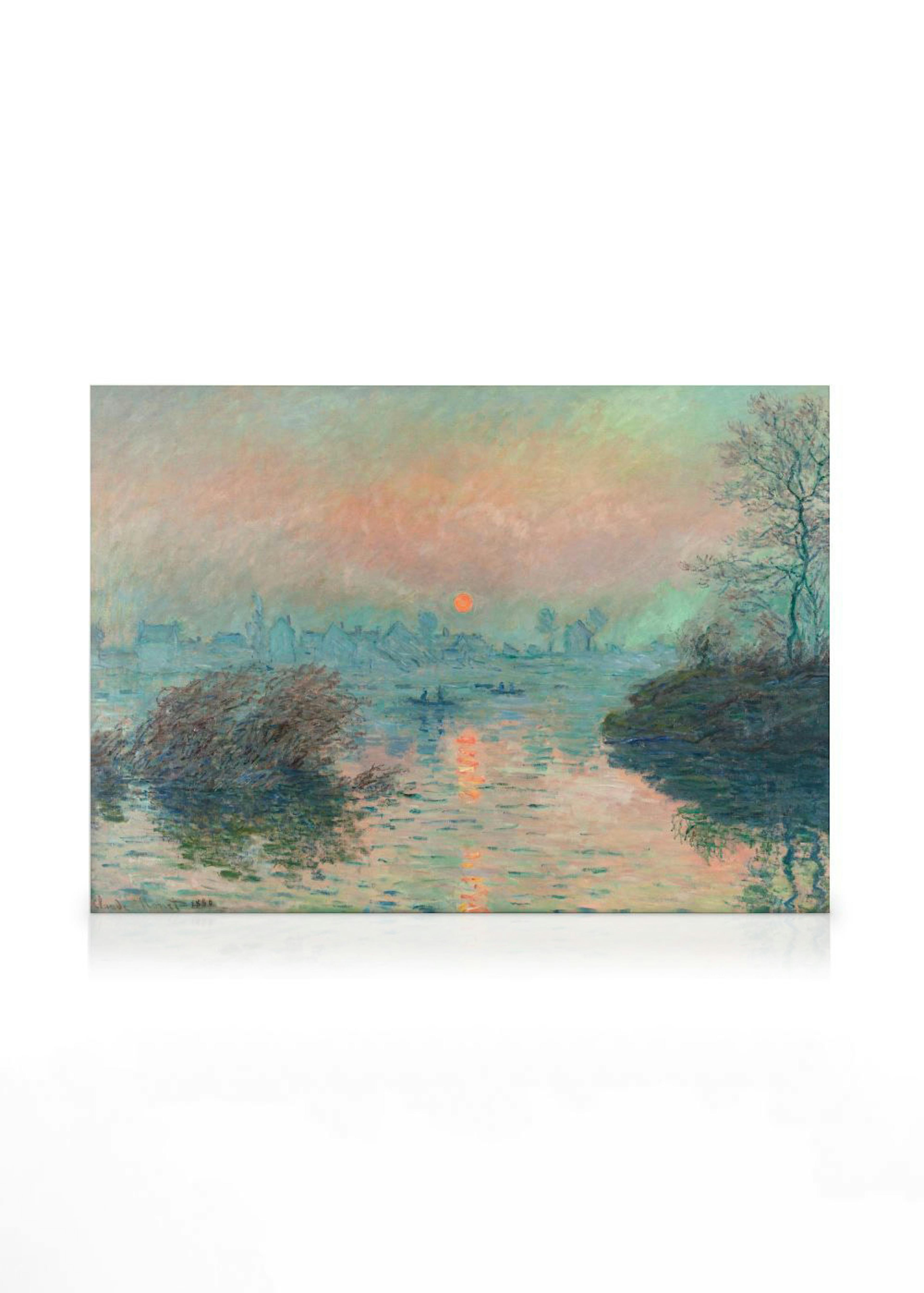 Monets Sunset on the Seine at Lavacourt, an Impressionist river landscape with pink, blue, and orange hues.