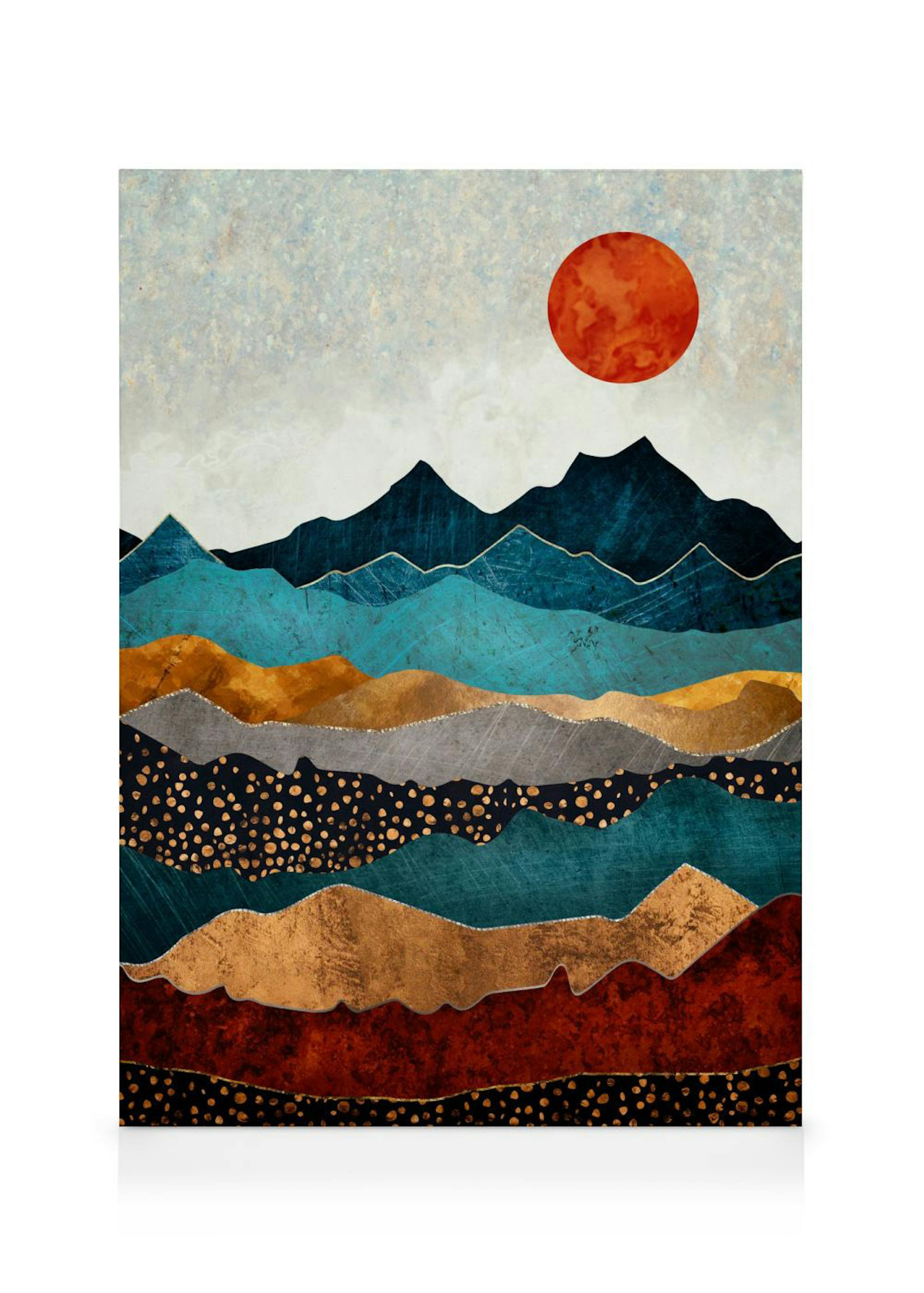 SpaceFrog Designs Amber Dusk canvas print with a graphical mountain landscape in red, blue, and gold with a red sun.