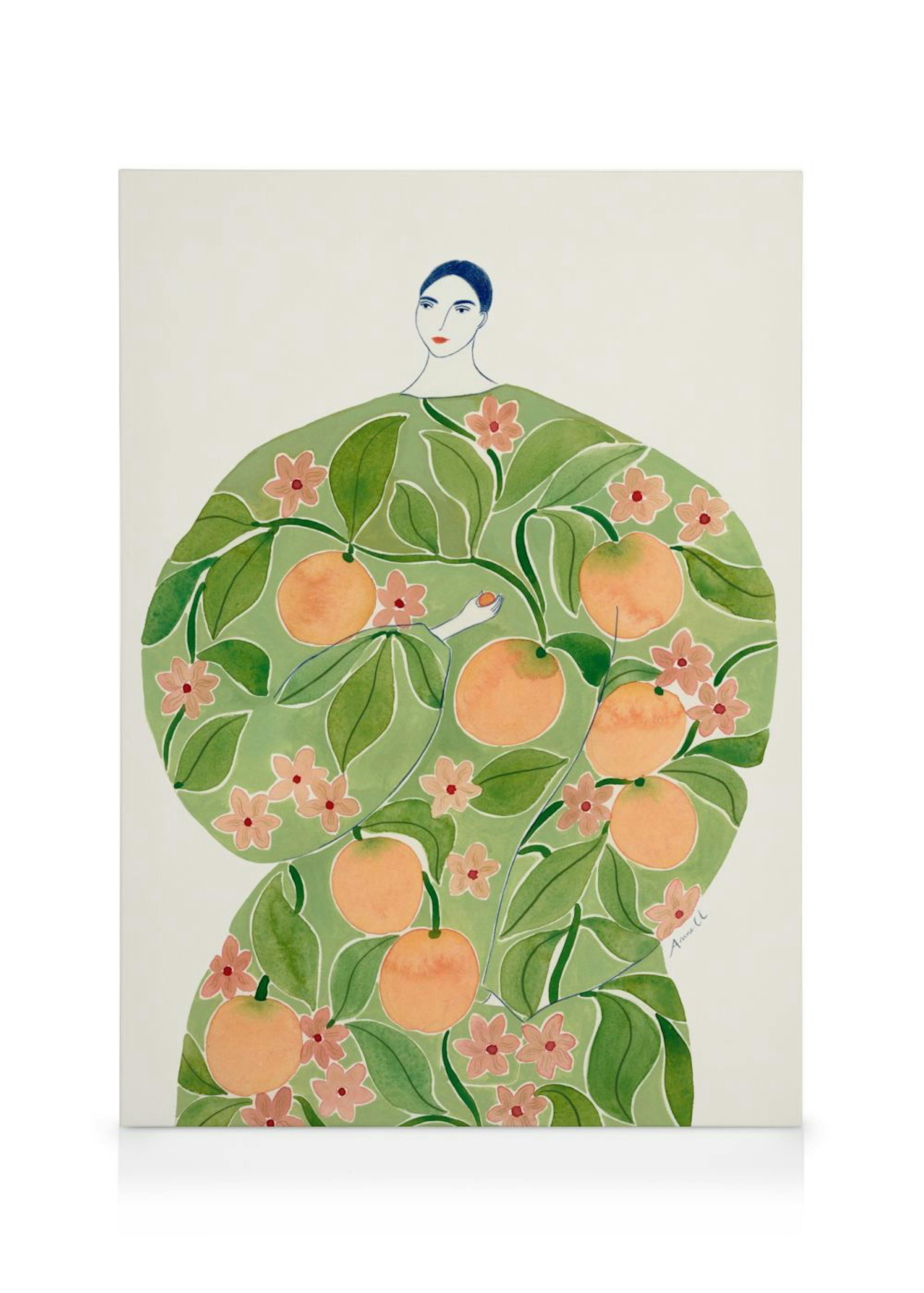 Vrouw met oranje vruchten, groene bladeren en roze bloemen op een lichtgroene achtergrond, kunstprint