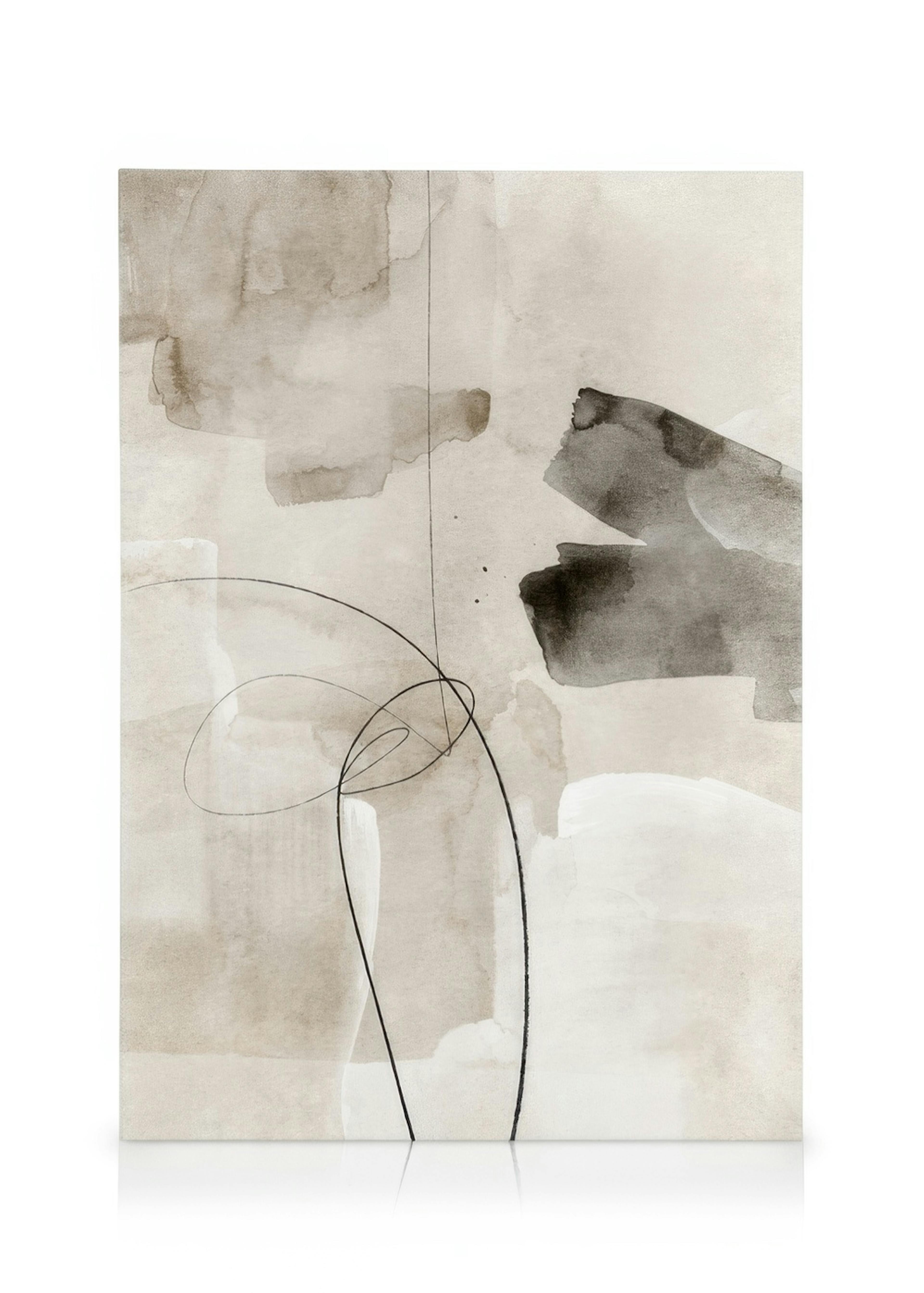 Abstracte canvas met beige achtergrond, zwarte lussen en vegen. Stijlvolle muurkunst in aquarel.