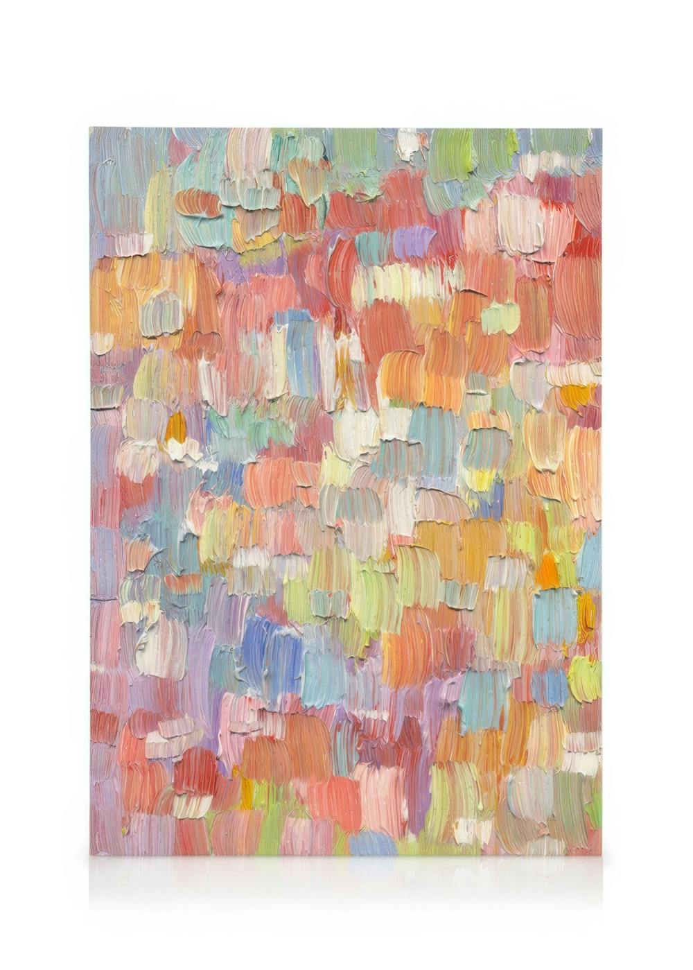 Abstract Colorful Strokes Canvas with thick impasto brushstrokes in pastel shades of peach, lavender, blue, and green.