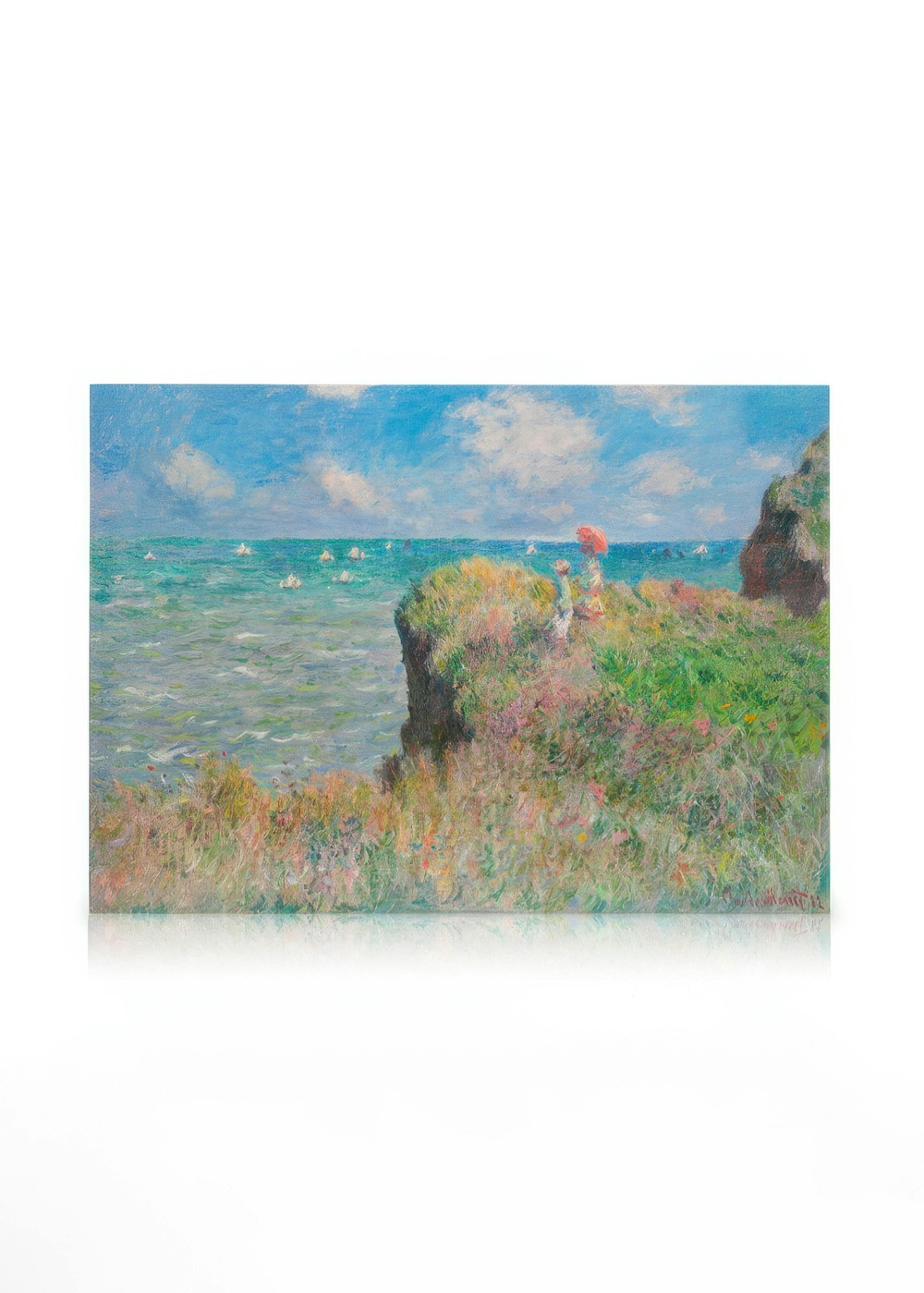 Monets Impressionist oil painting of people on a cliff overlooking a wavy blue-green sea with sailboats.