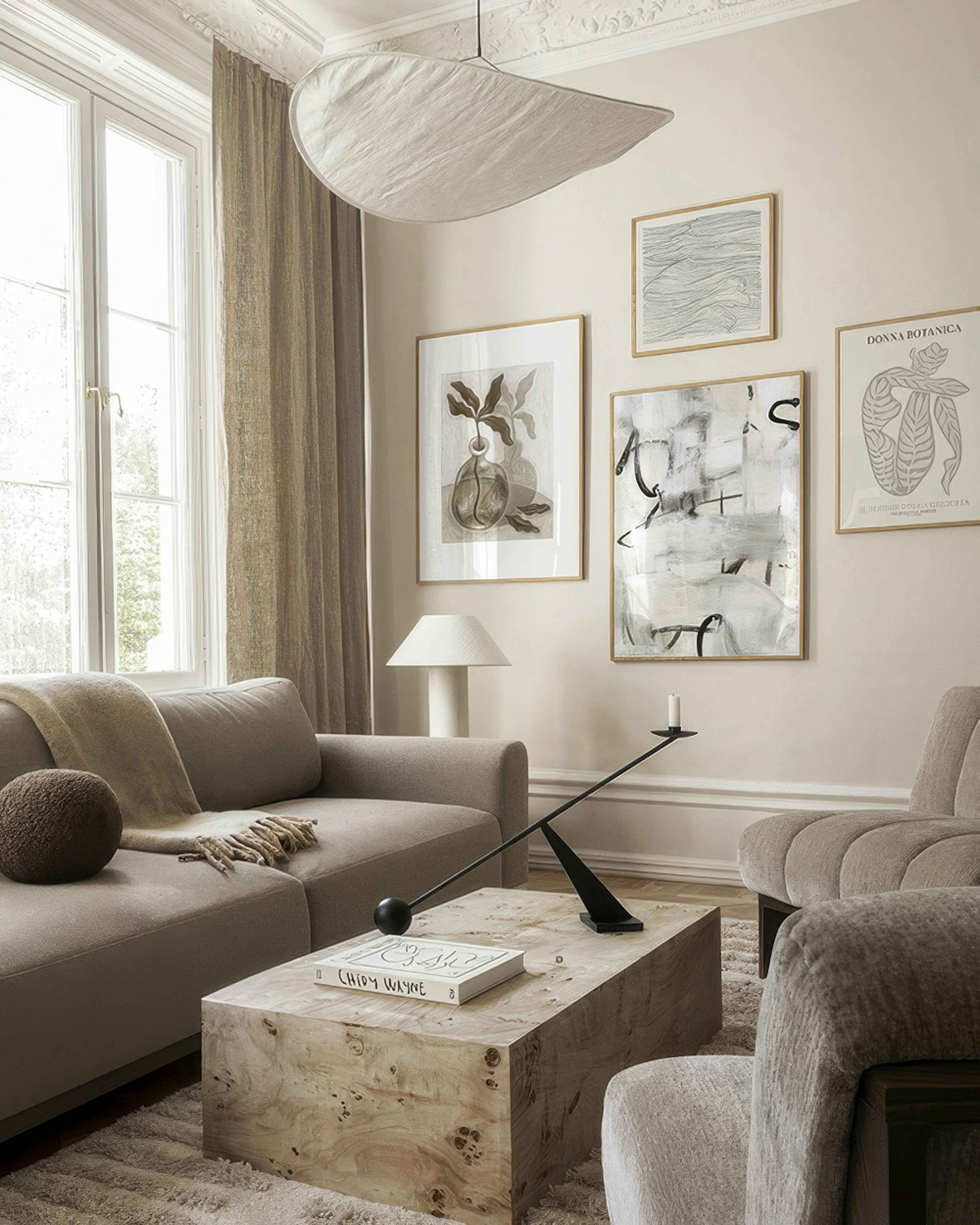 Galleria a parete Nordic Connection con cornice in legno chiaro, tonalità neutre e arte scandinava