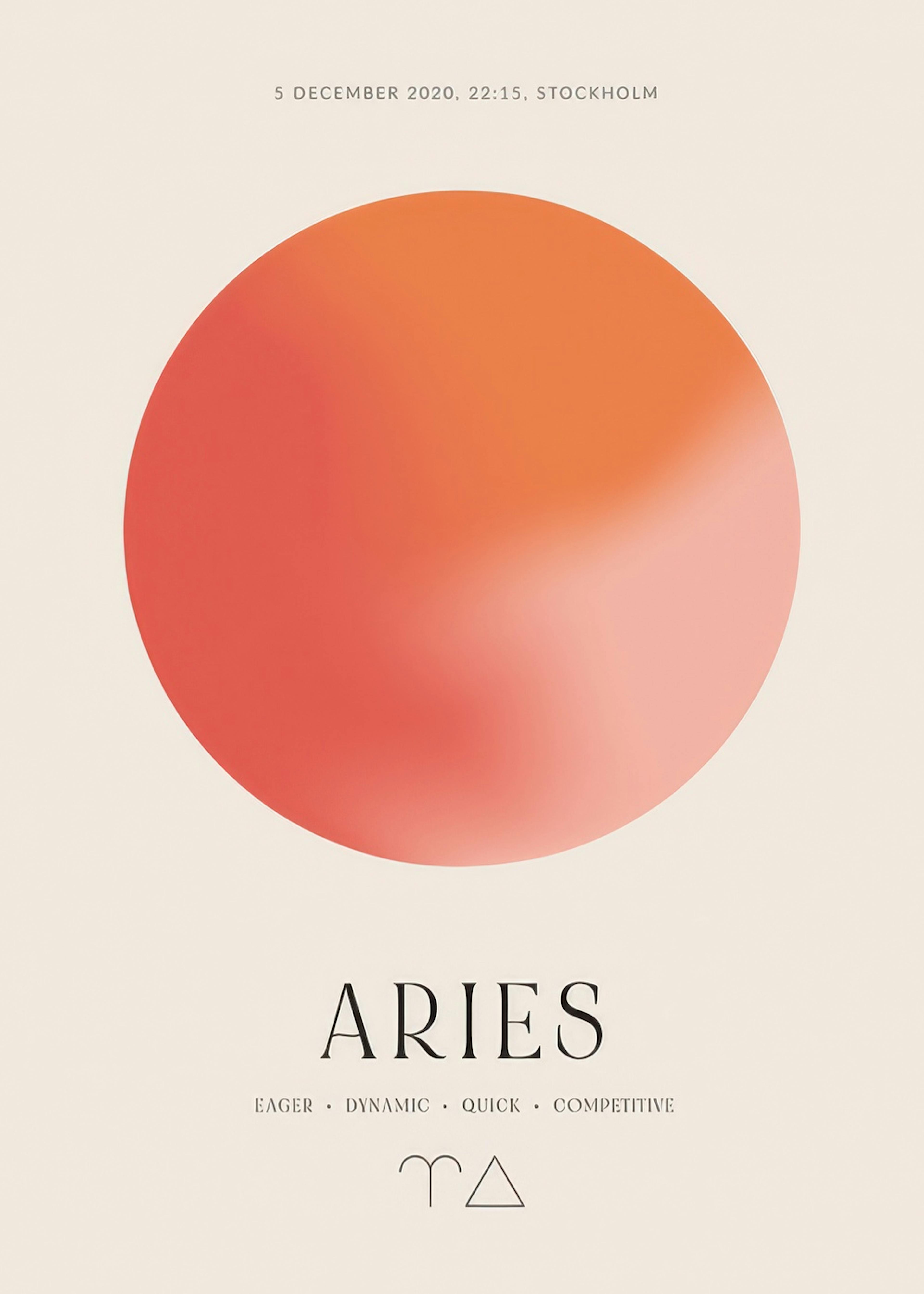 Aura Energy Aries Personal Poster with a pink, red, and orange globe, Aries text, and personality traits.