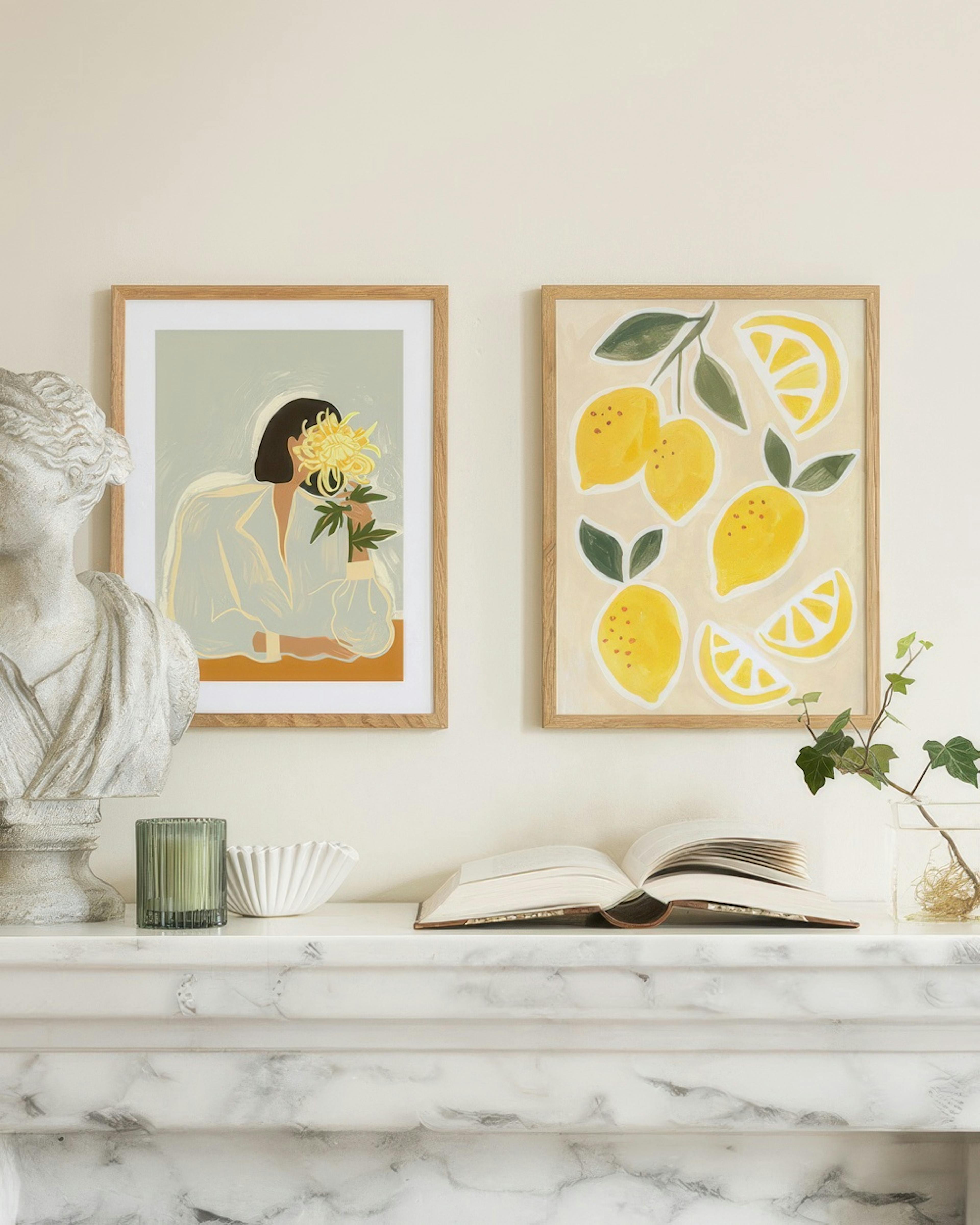 Two art prints: one with a woman holding a yellow chrysanthemum, and another with bright yellow lemons and slices.