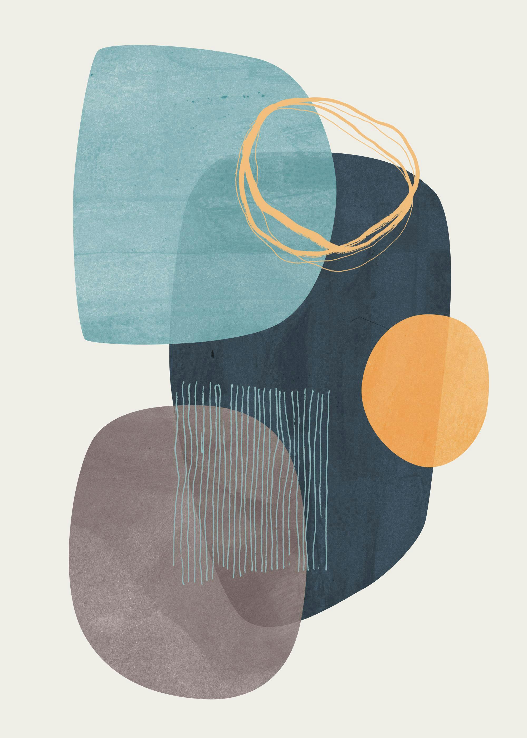 Tracie Andrews Cyra Print: Abstract graphic art poster with blue, orange, and brown organic shapes on a beige background.