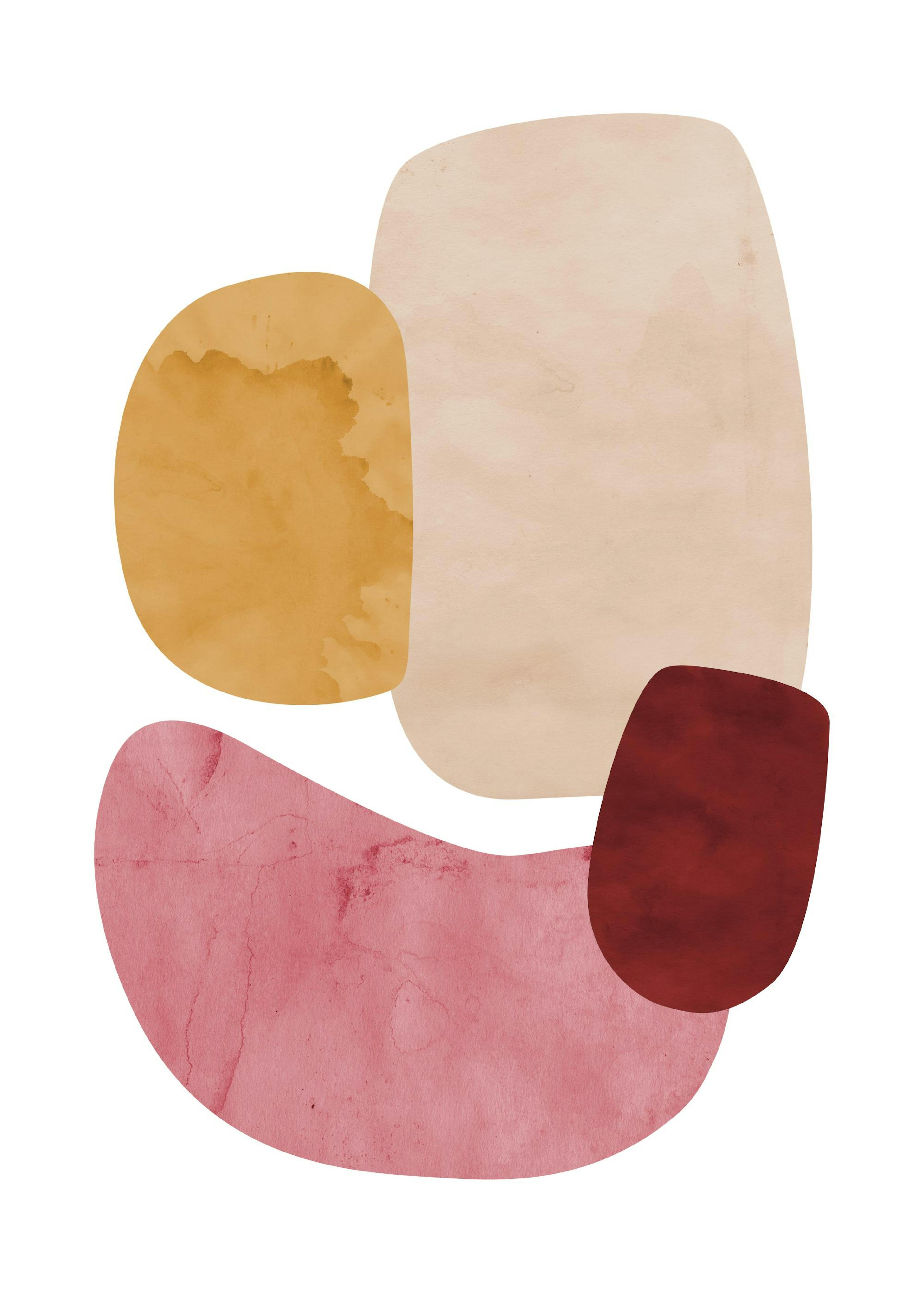 Abstracte poster met organische vormen in geel, beige, rood en roze op een witte achtergrond.