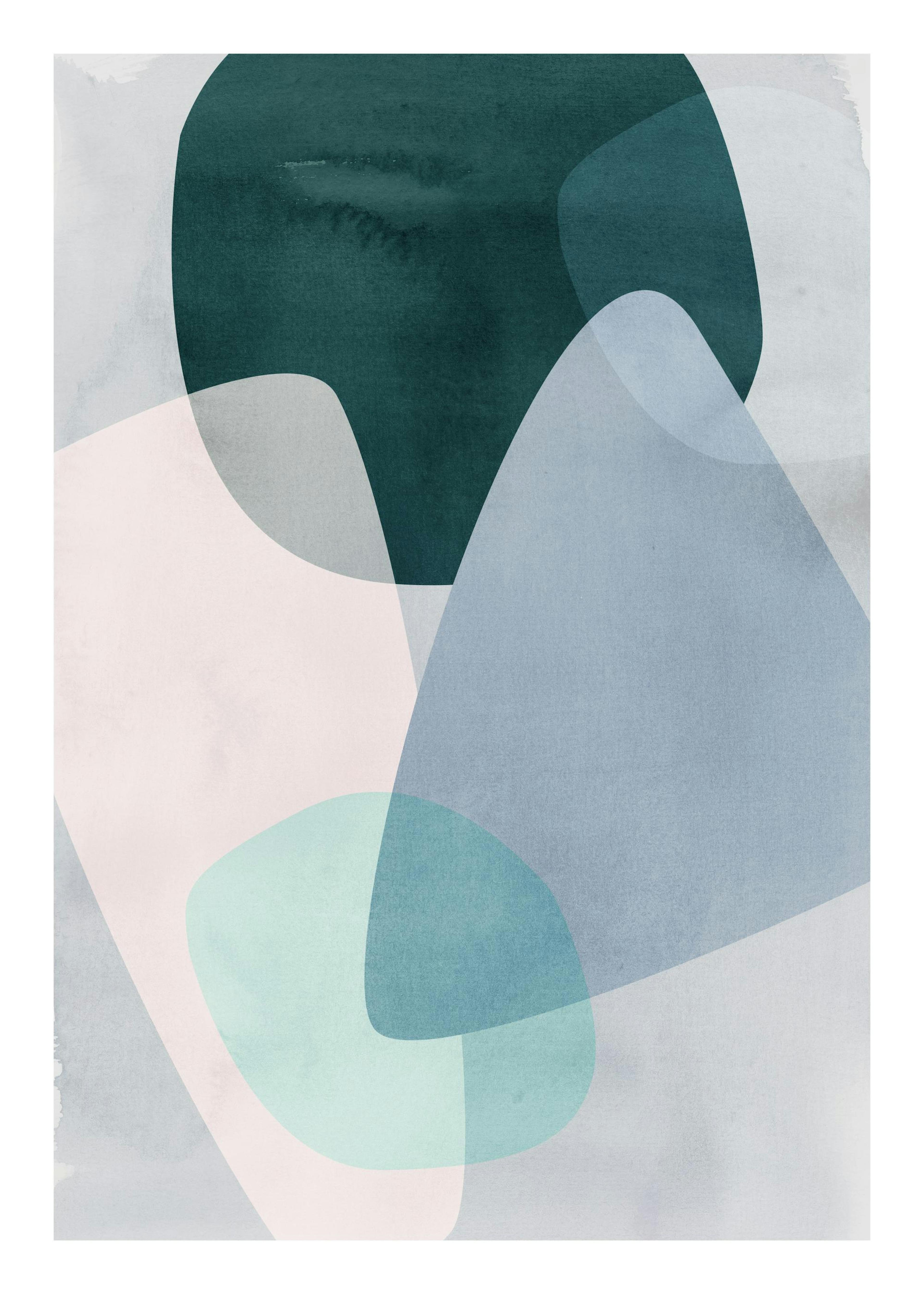A print of abstract shapes in dark green, light blue, and pink, hanging above a white console with a round grey vase, next to a 