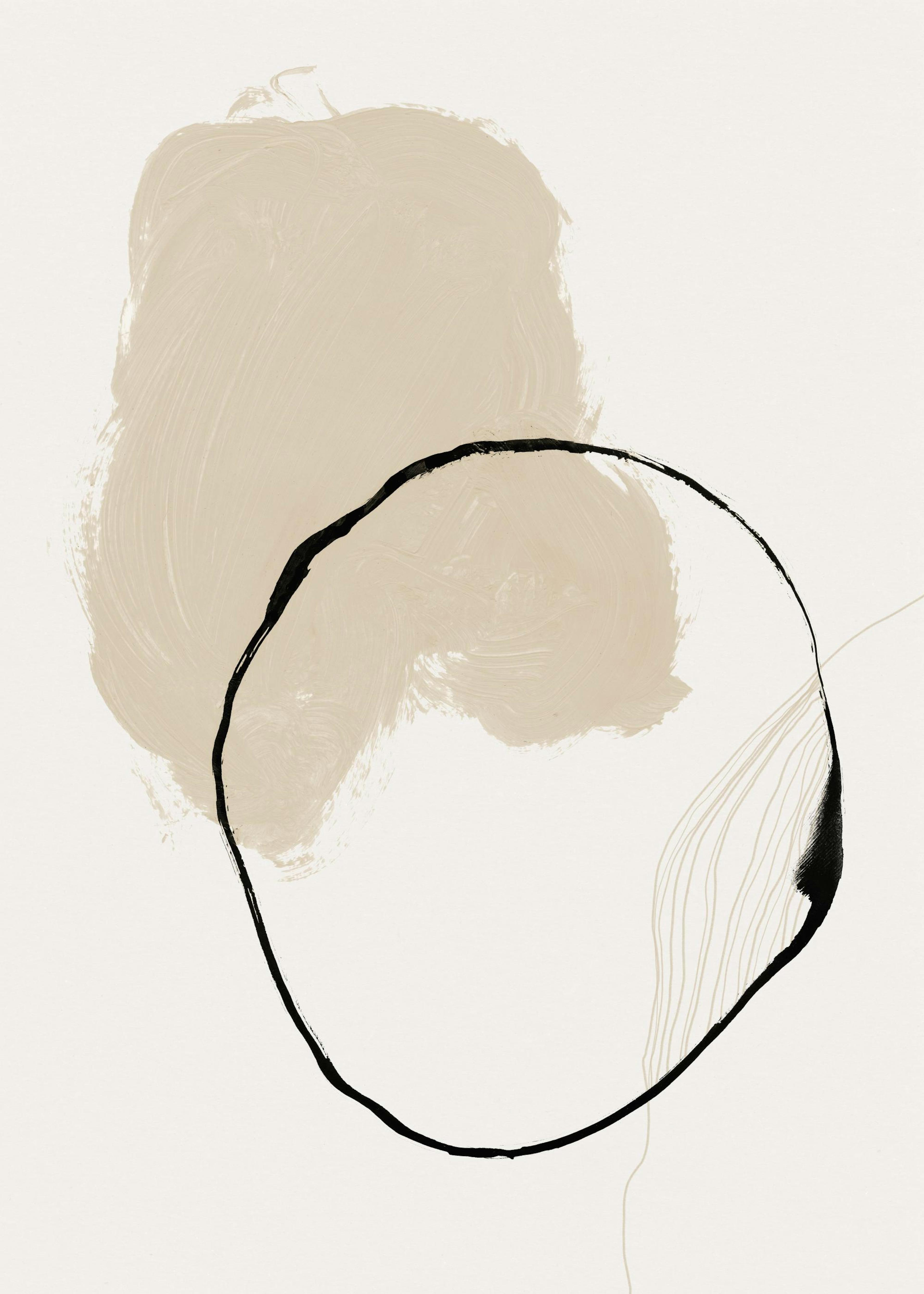Minimalism print with beige brushstrokes and a bold black organic circle featuring thin lines, creating a balanced, neutral post