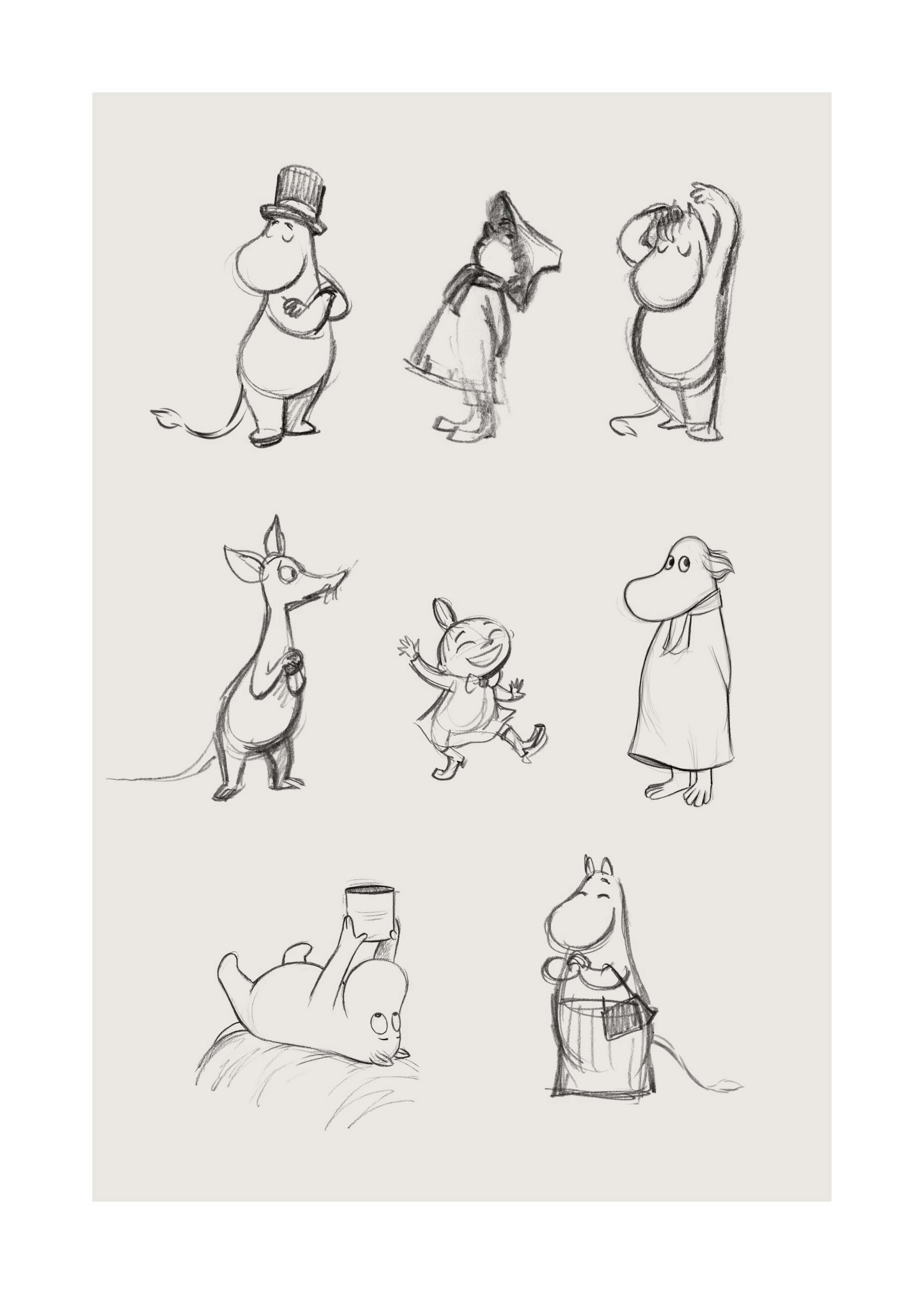Bozzetto con i personaggi della Valle dei Mumin, disegnati in grigio su sfondo beige. Poster per bambini Moomin.