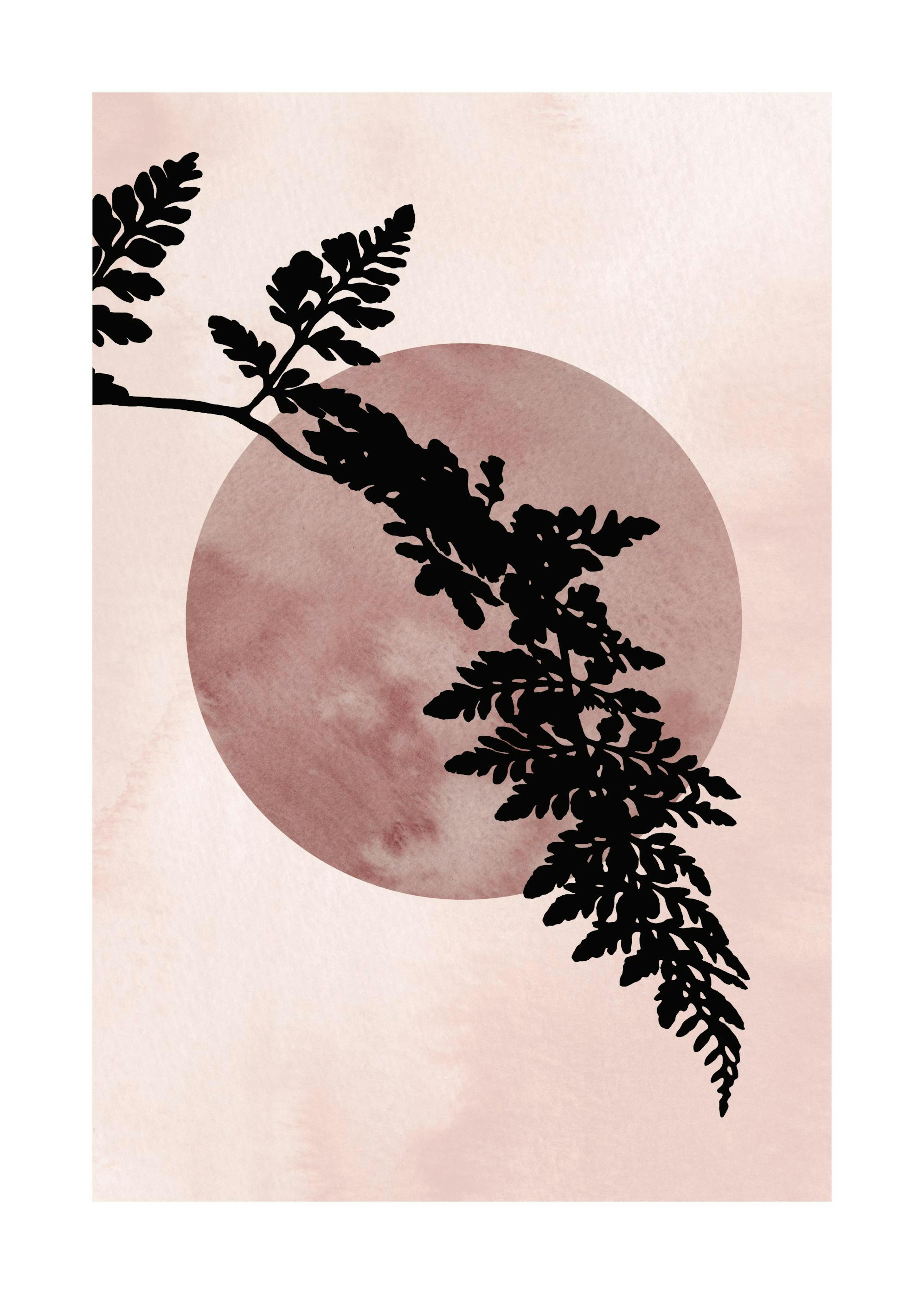 Silhouetted black fern leaf over a dark pink circle on a light pink background, modern art poster.