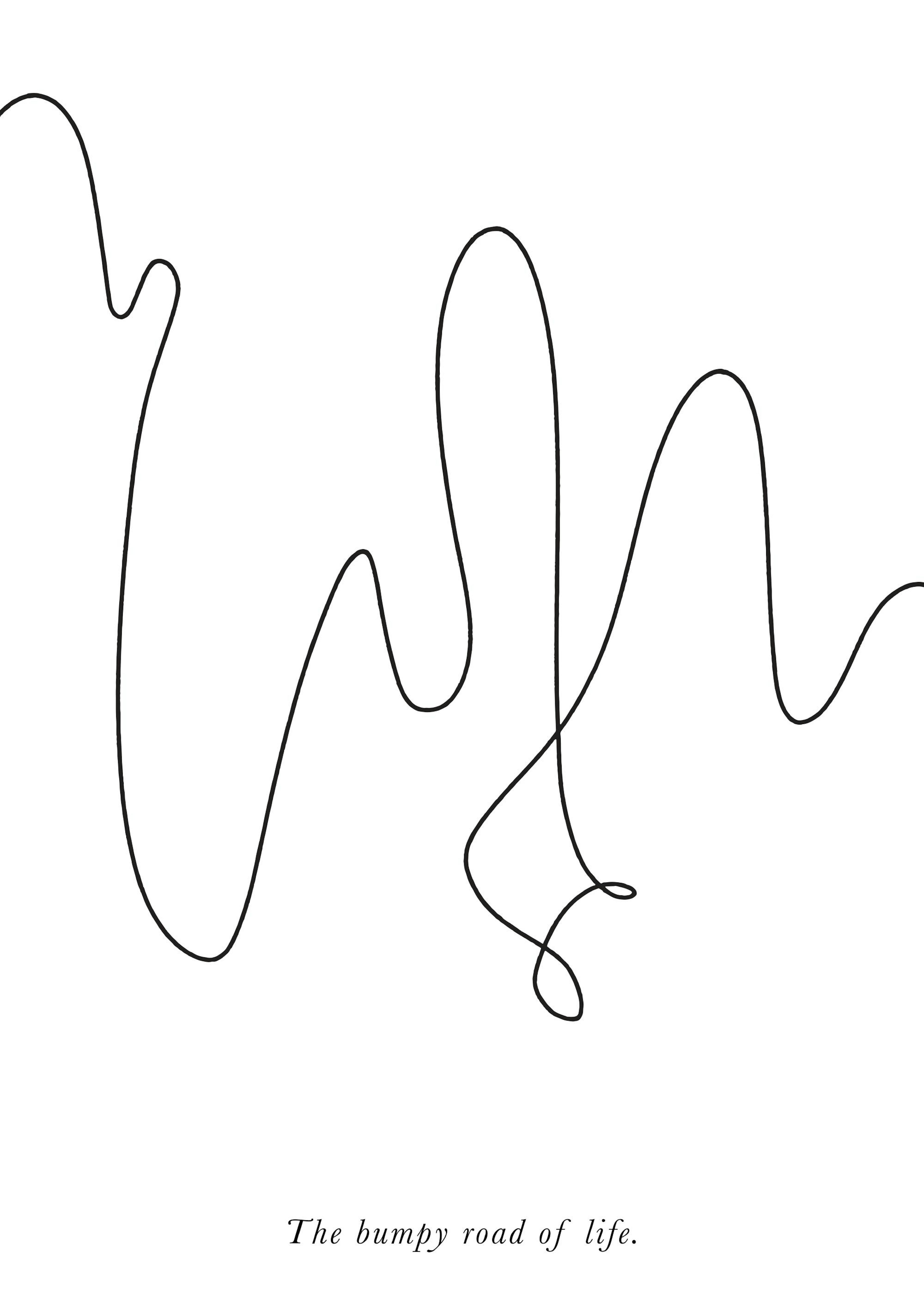 White poster with black swirling line art, The bumpy road of life text below, abstract life journey design.