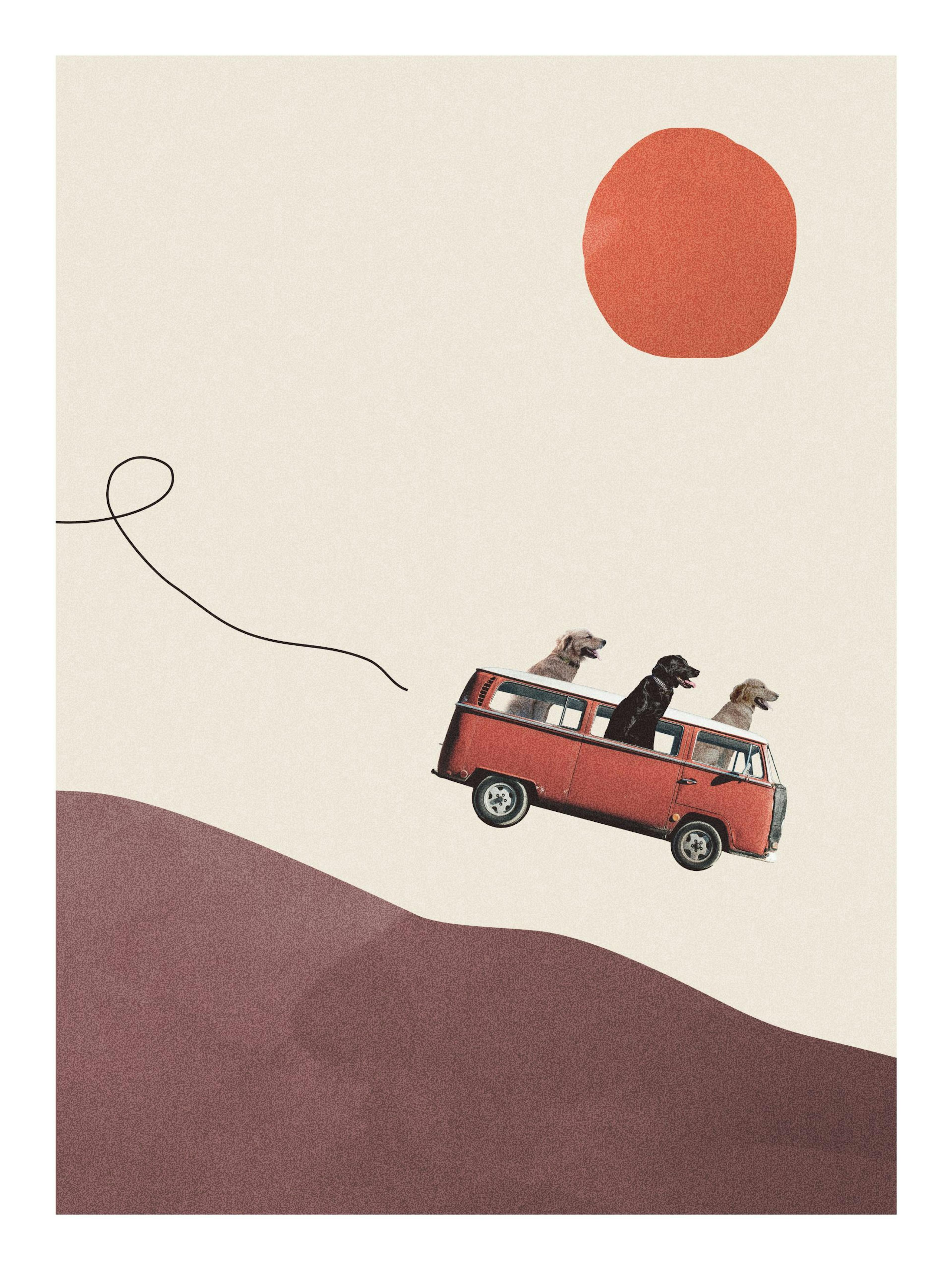 Poster eines roten Bullis mit drei Hunden, die über einen Hügel fahren, unter einer roten Sonne, hängt über einem Bücherregal.