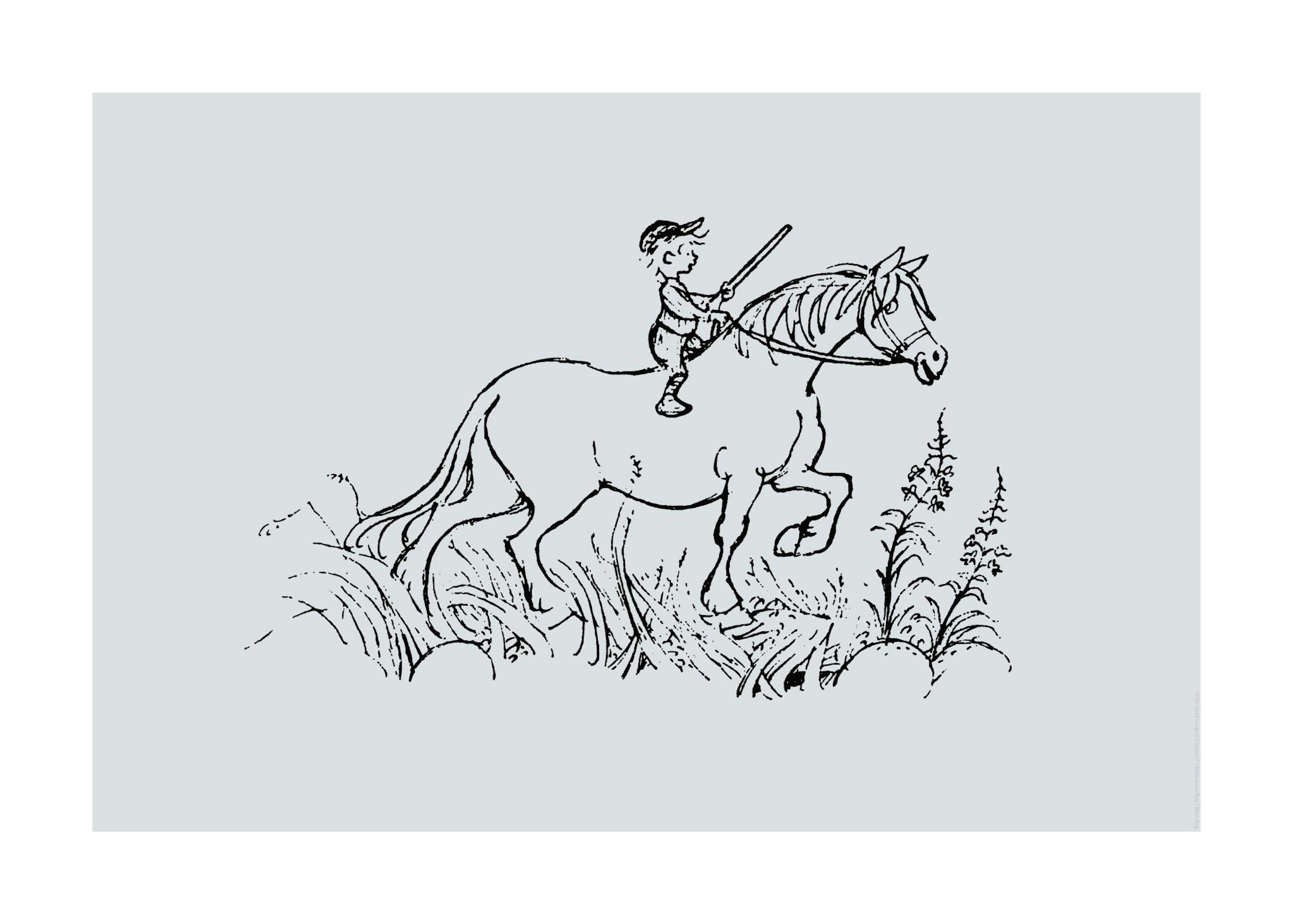Schwarz-Weiß-Illustration von Michel aus Lönneberga auf einem Pferd, umgeben von Gras und Blumen. Kinderposter.