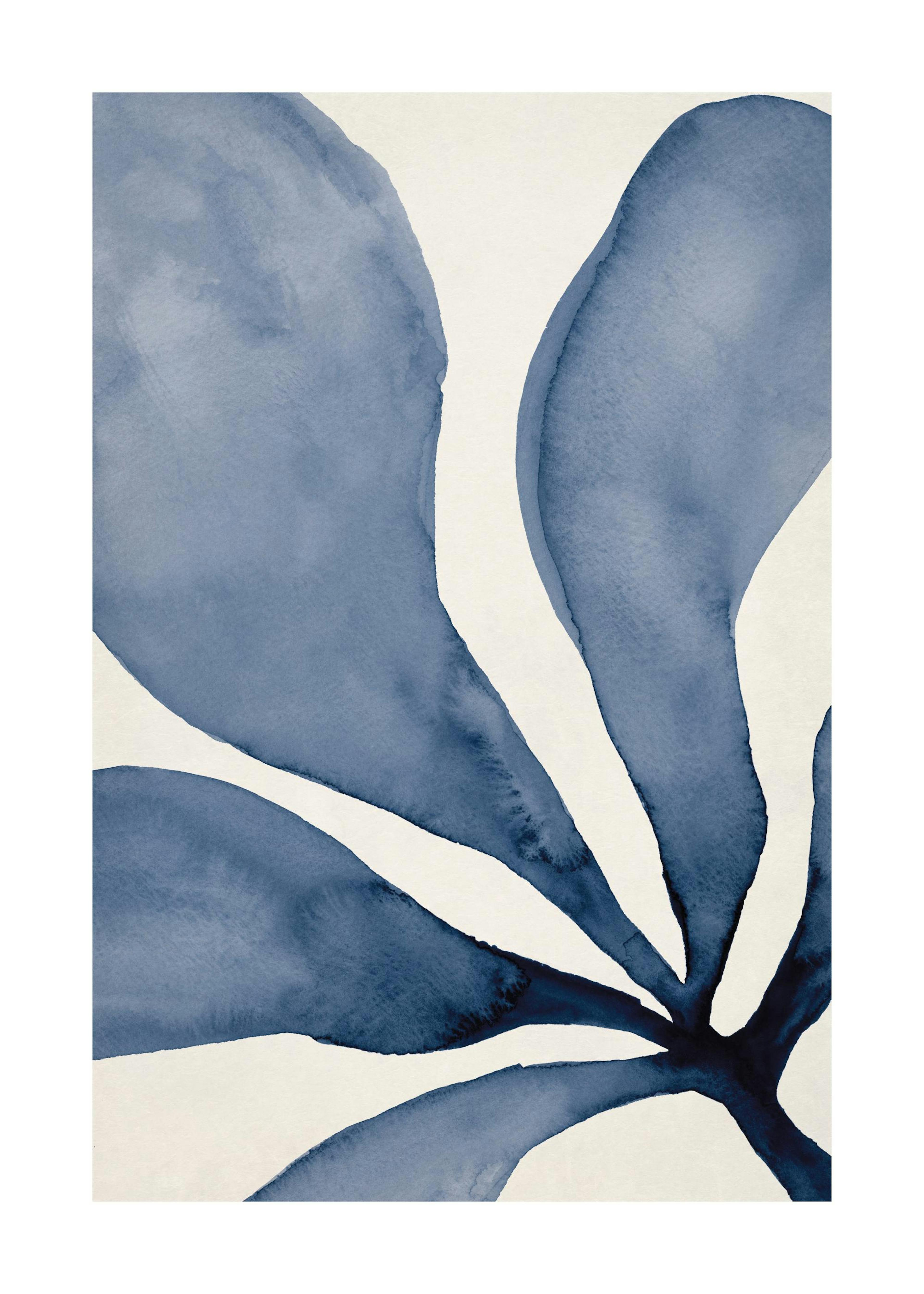 Affiche dune algue bleue abstraite à laquarelle avec des feuilles épaisses sur fond beige clair, style marin.