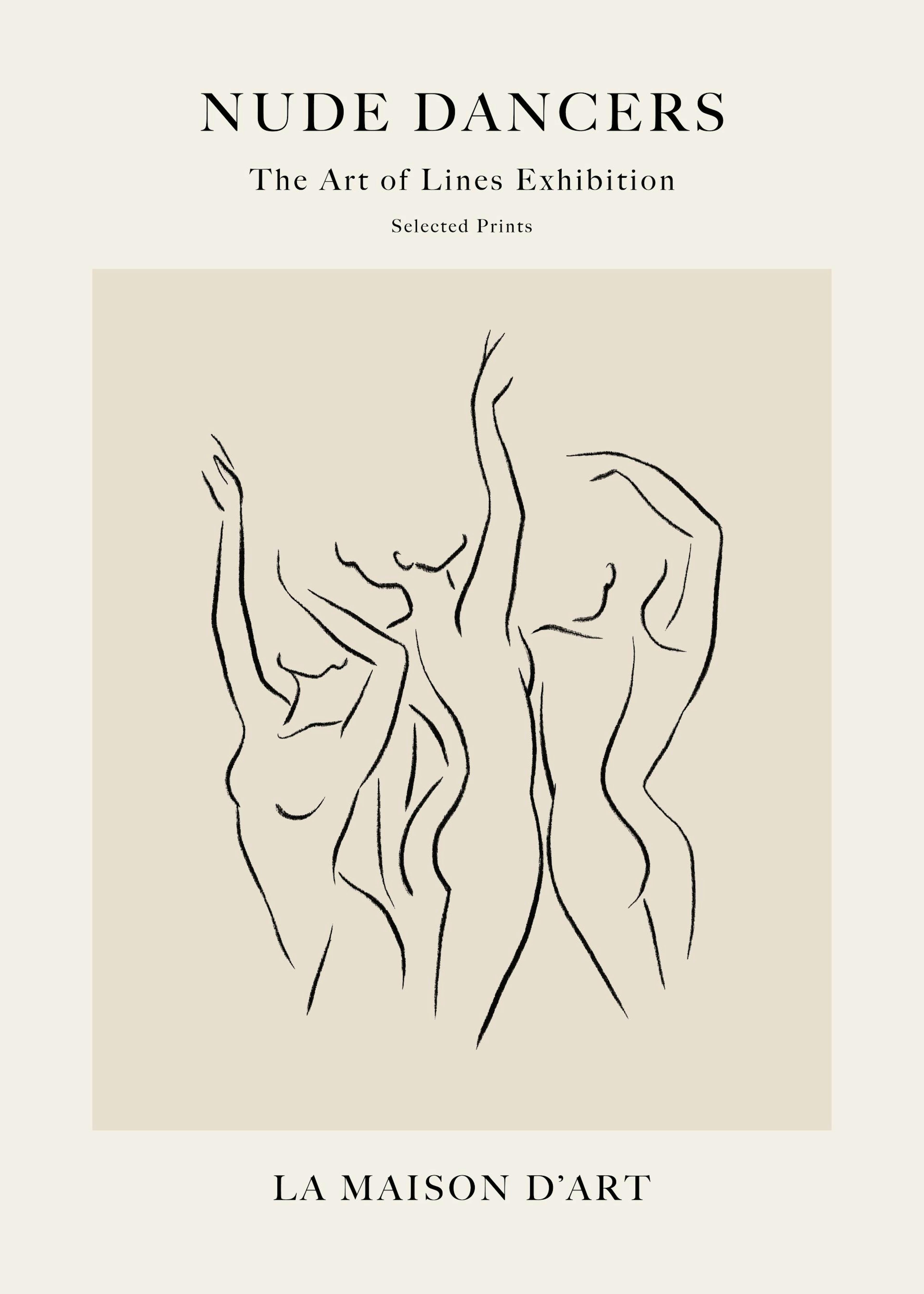 Line art illustration of three naked dancing women in black on a beige background, with text above and below. Nude Dancers No1 p