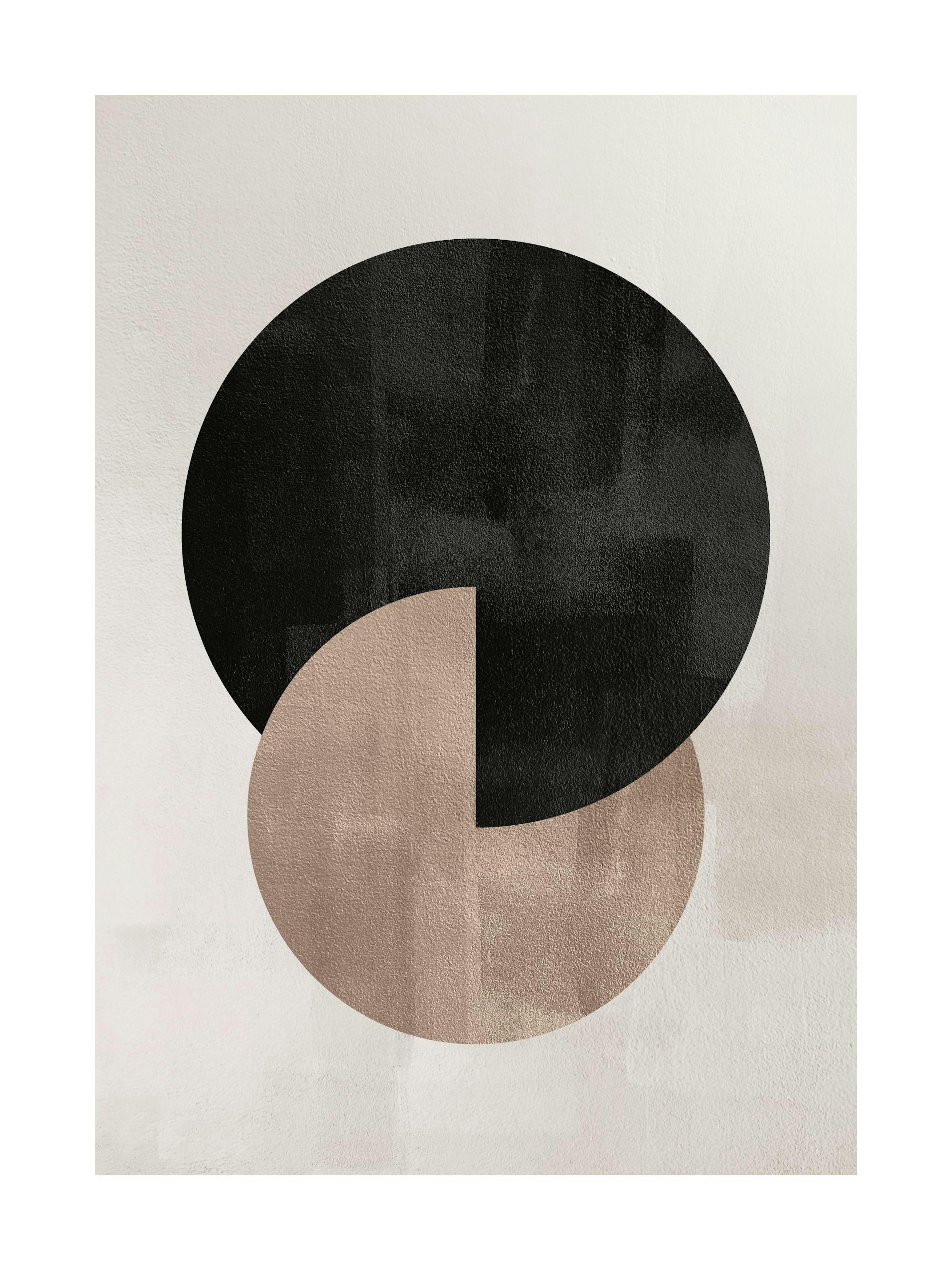 Graphic print with overlapping black and beige circles on a grey-beige background, geometric poster.