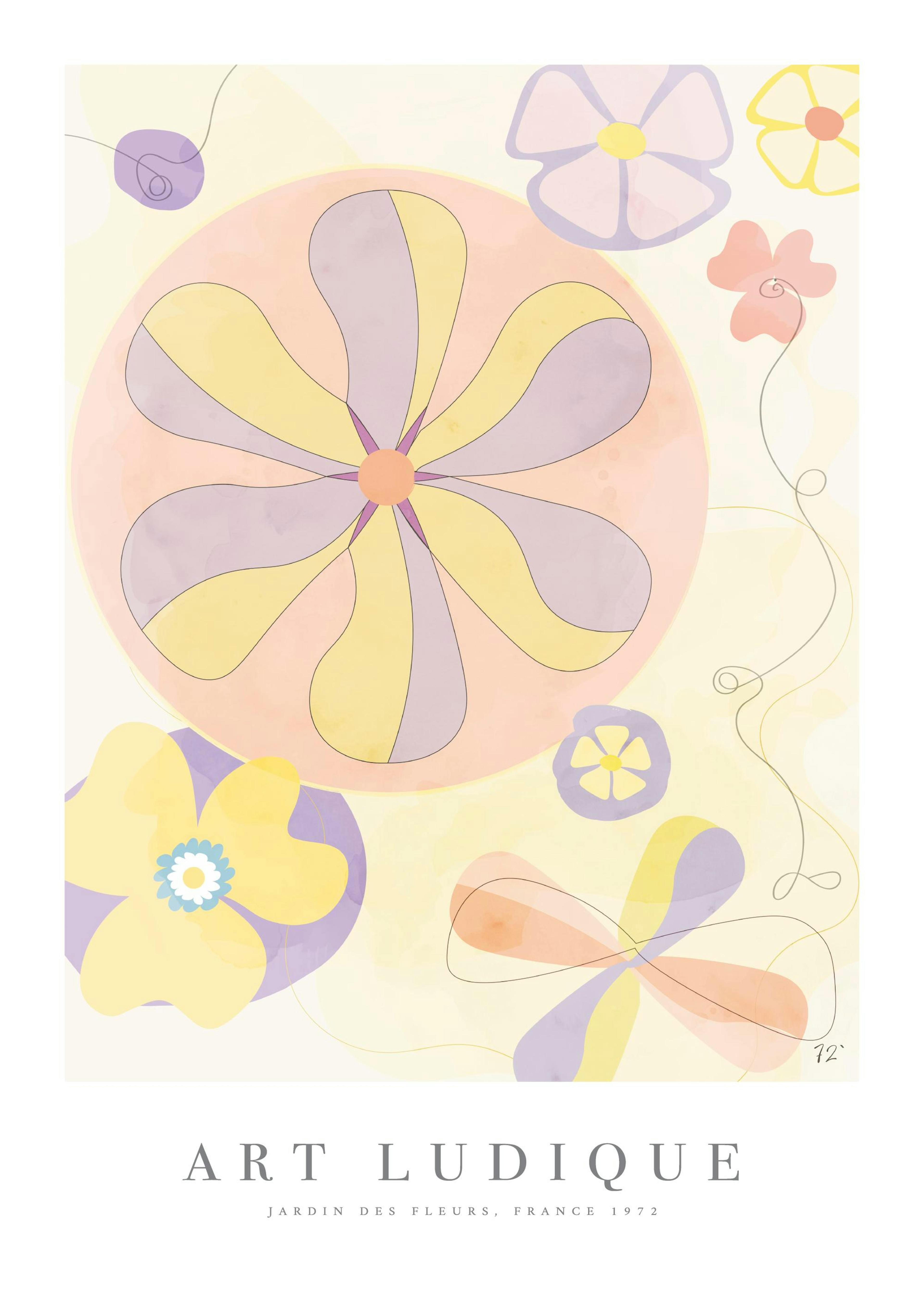 Playful art print with abstract pink, purple, and yellow flowers on a light background, in a patchy style.