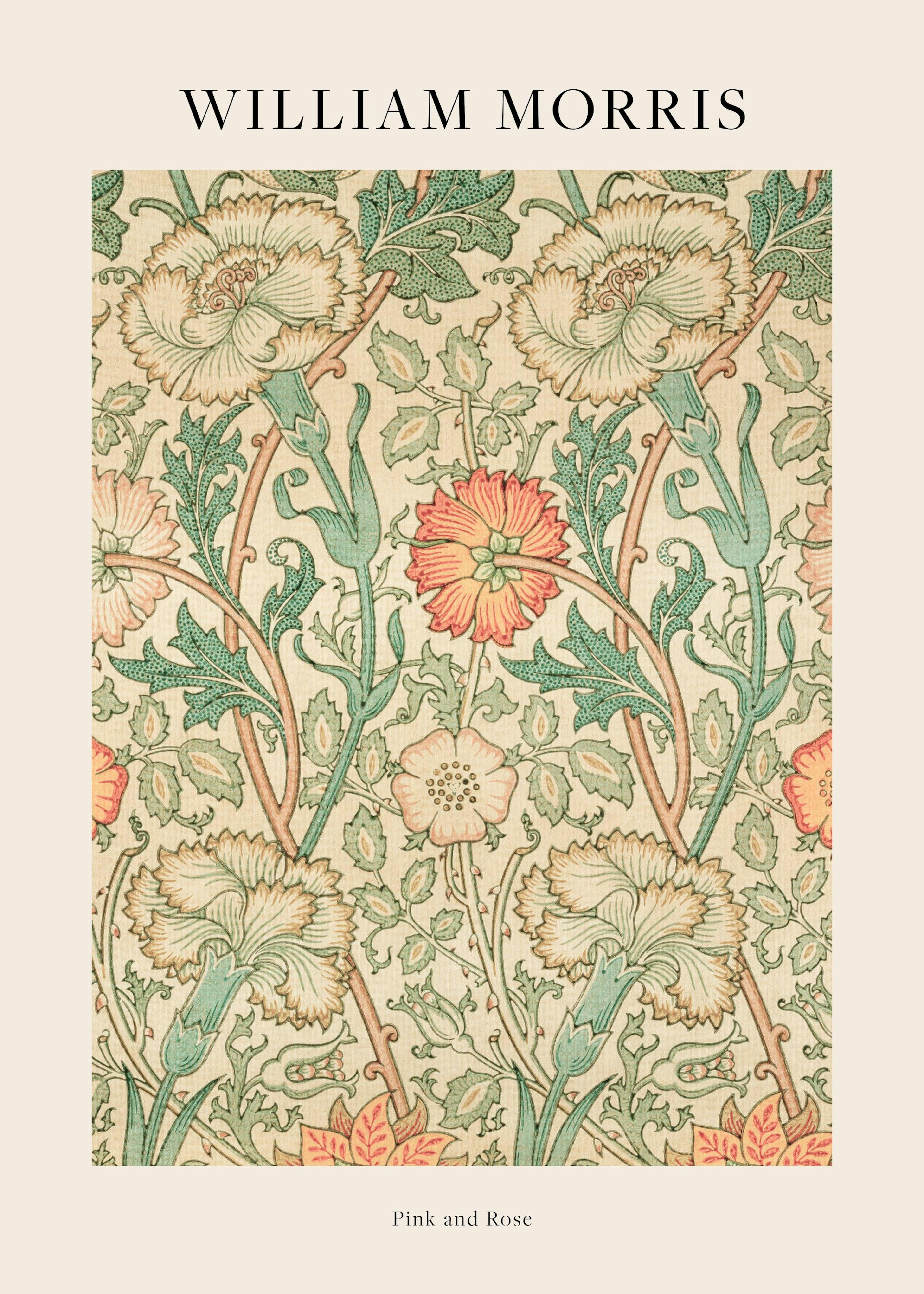 Affiche de William Morris Pink and Rose, motif floral vintage avec fleurs et feuilles roses, rouges et vertes sur fond beige