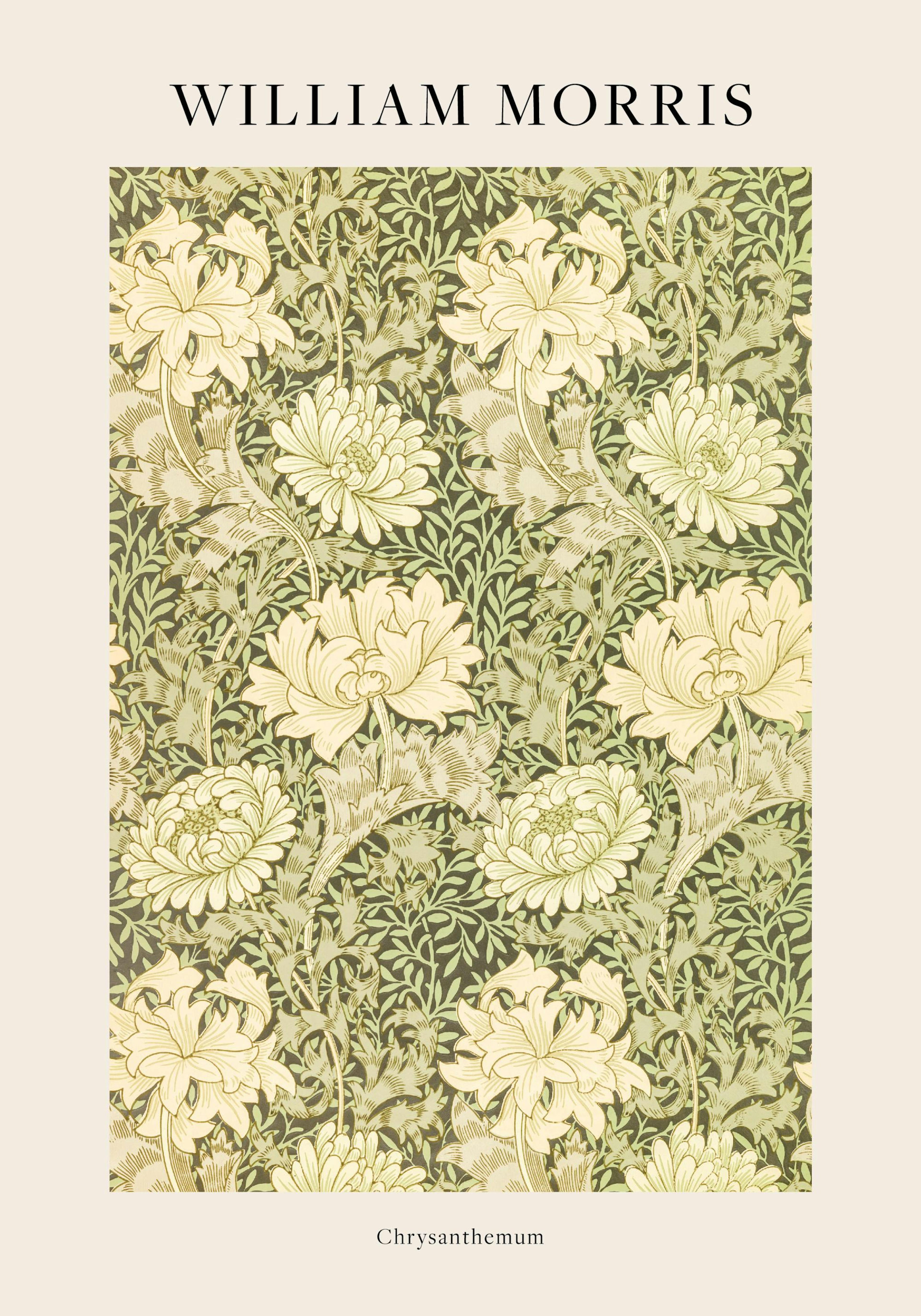 Poster William Morris con motivo floreale di crisantemi chiari e foglie verdi. Stile Art Nouveau.