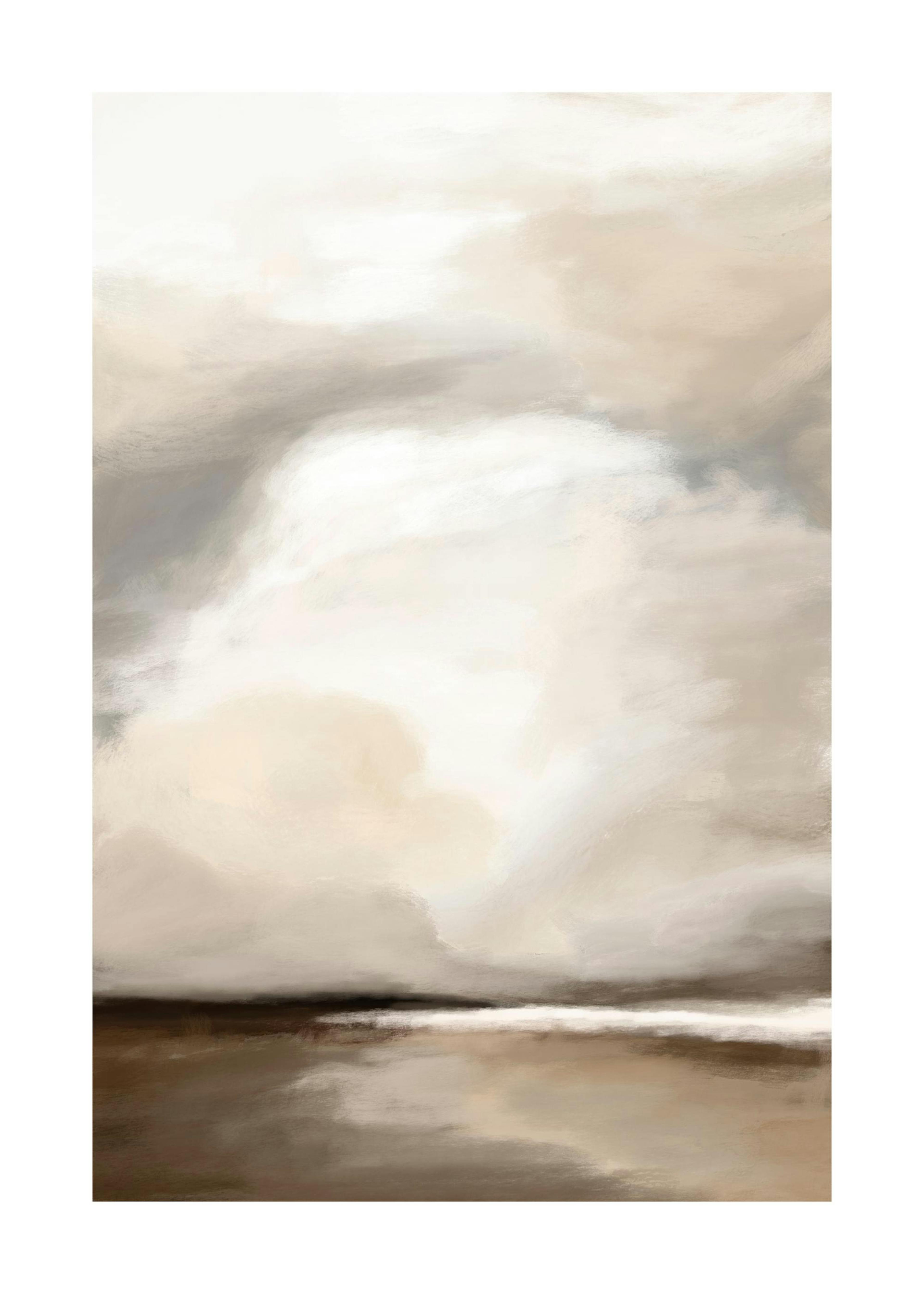 Abstract landscape print with a beige, brown, and white sky over a dark beige and brown horizon, reflecting light.