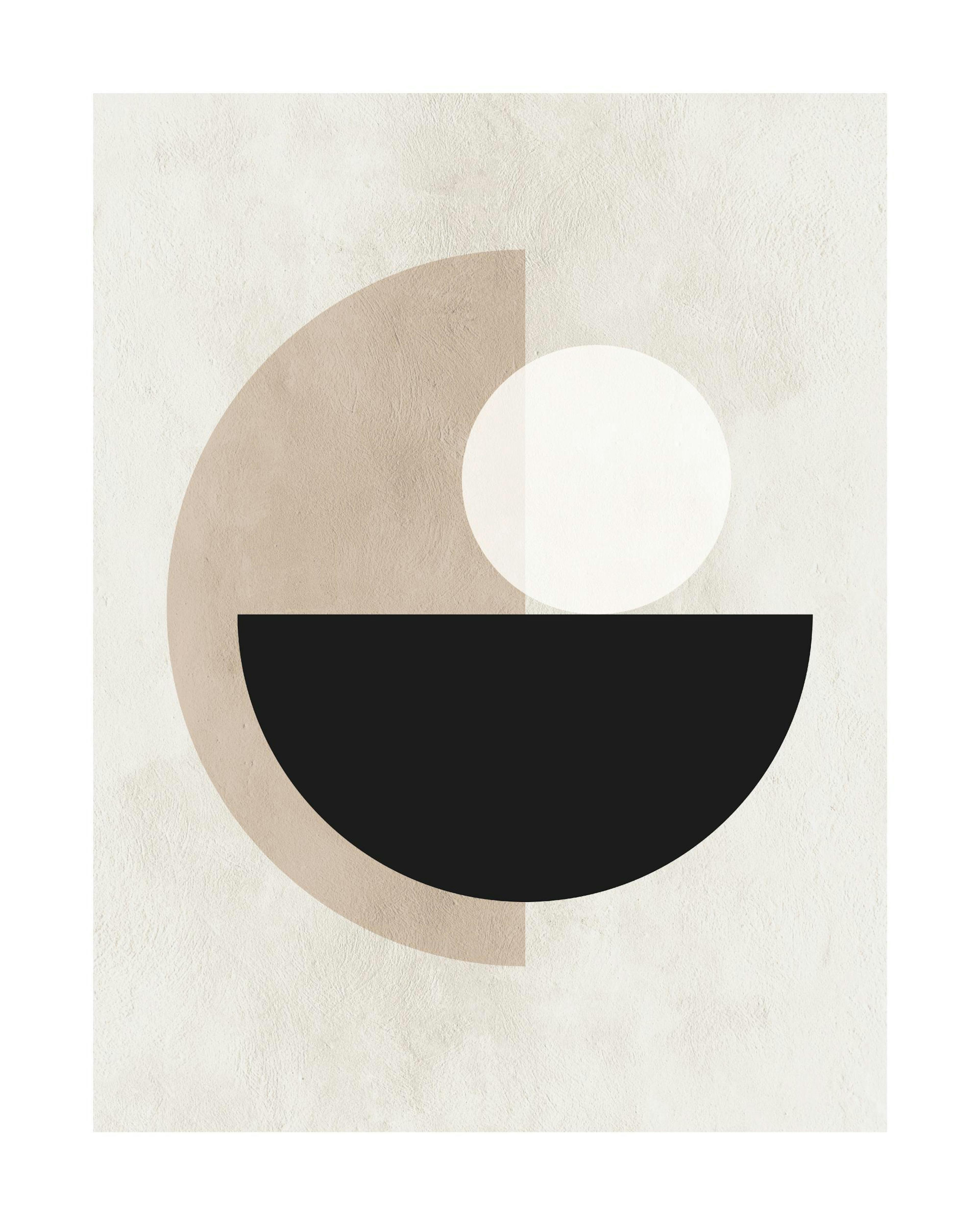 Grafische poster met beige, zwarte en witte cirkels en figuren op een lichtbeige achtergrond.