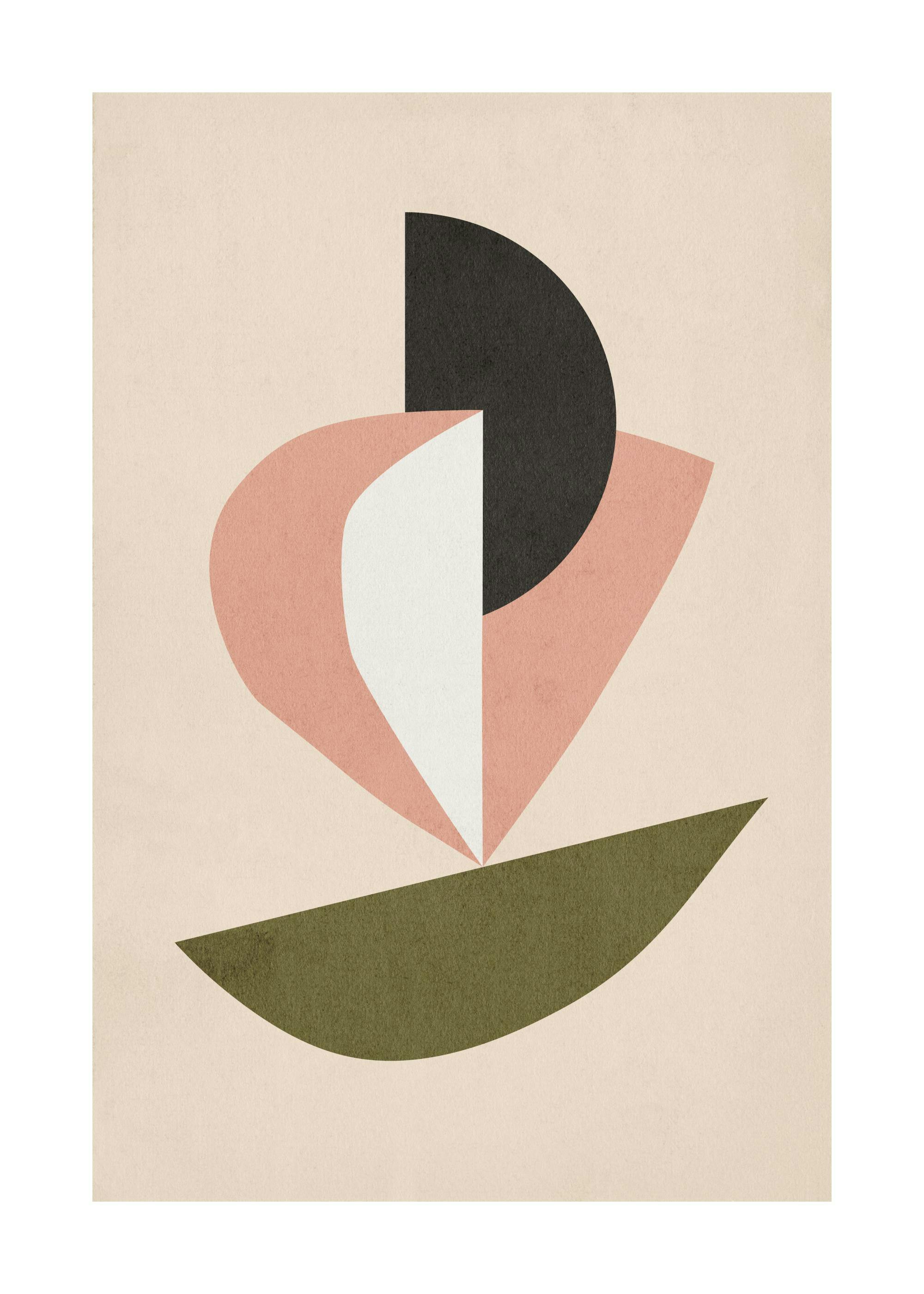 Retro graphic poster with abstract shapes in black, white, pink, and green on a beige background, modern style.