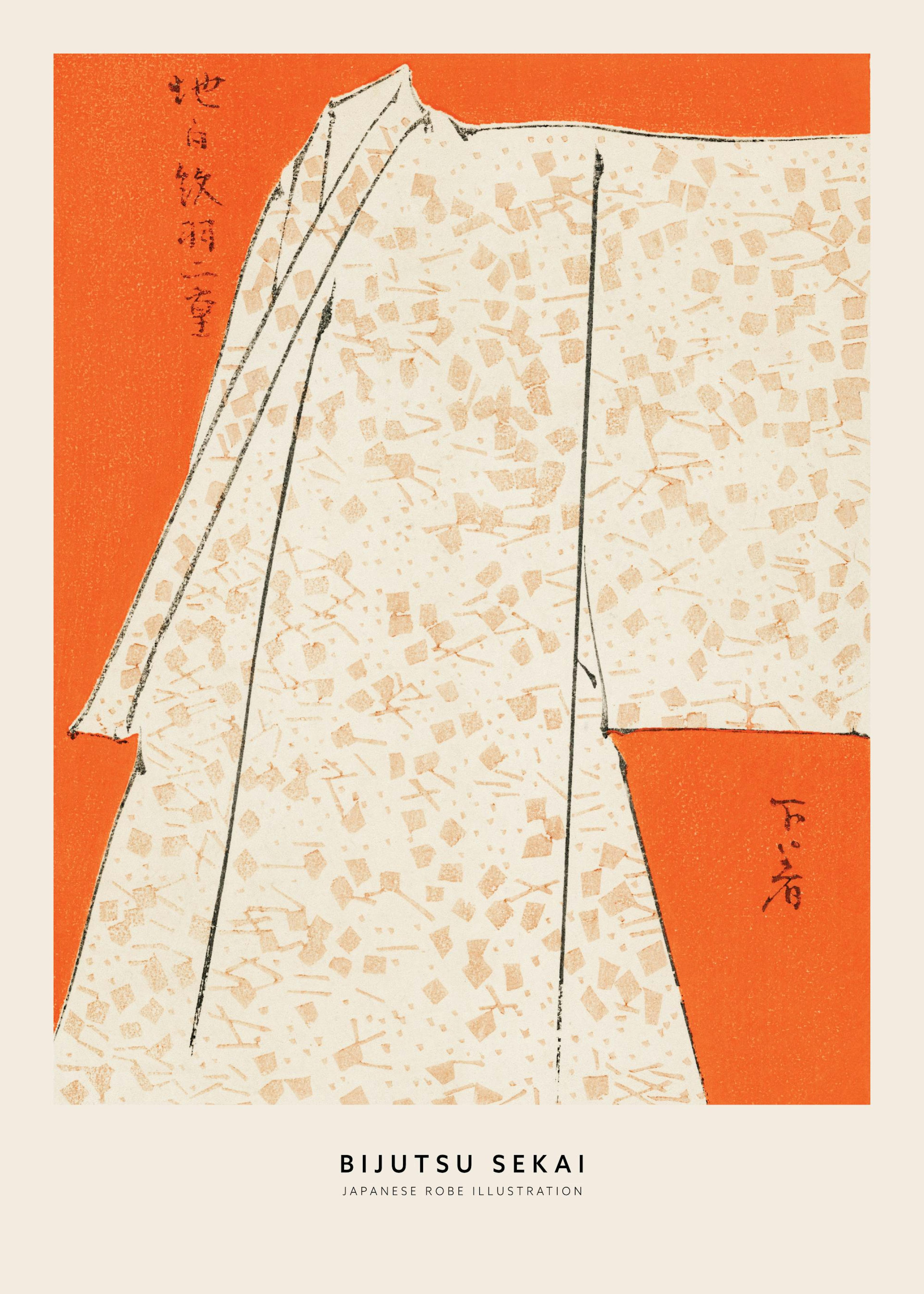 Ilustração de Watanabe Seitei de um manto japonês bege com padrão, sobre um fundo laranja vibrante