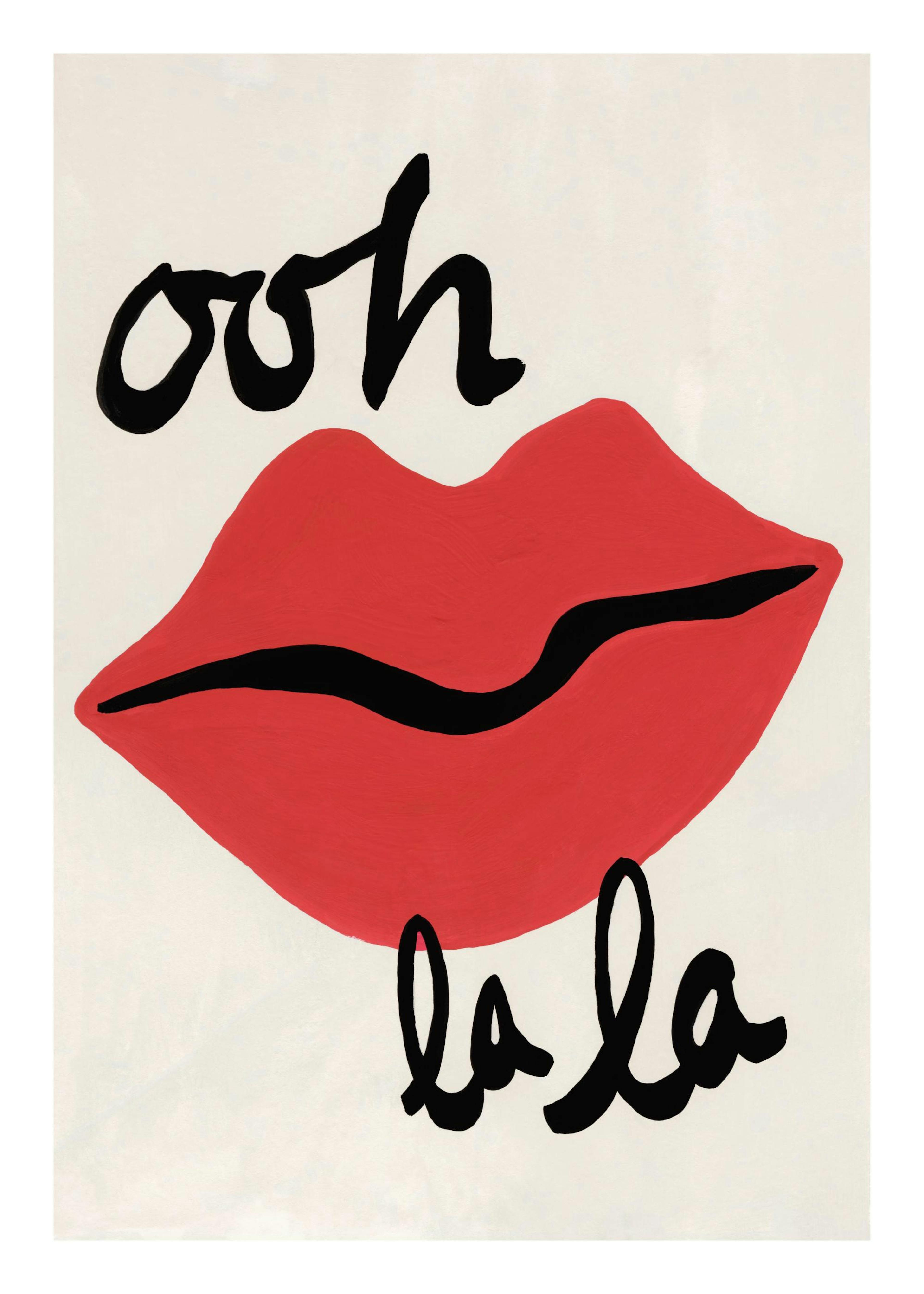 Poster med handmålade röda läppar och svart text ooh la la på vit bakgrund.