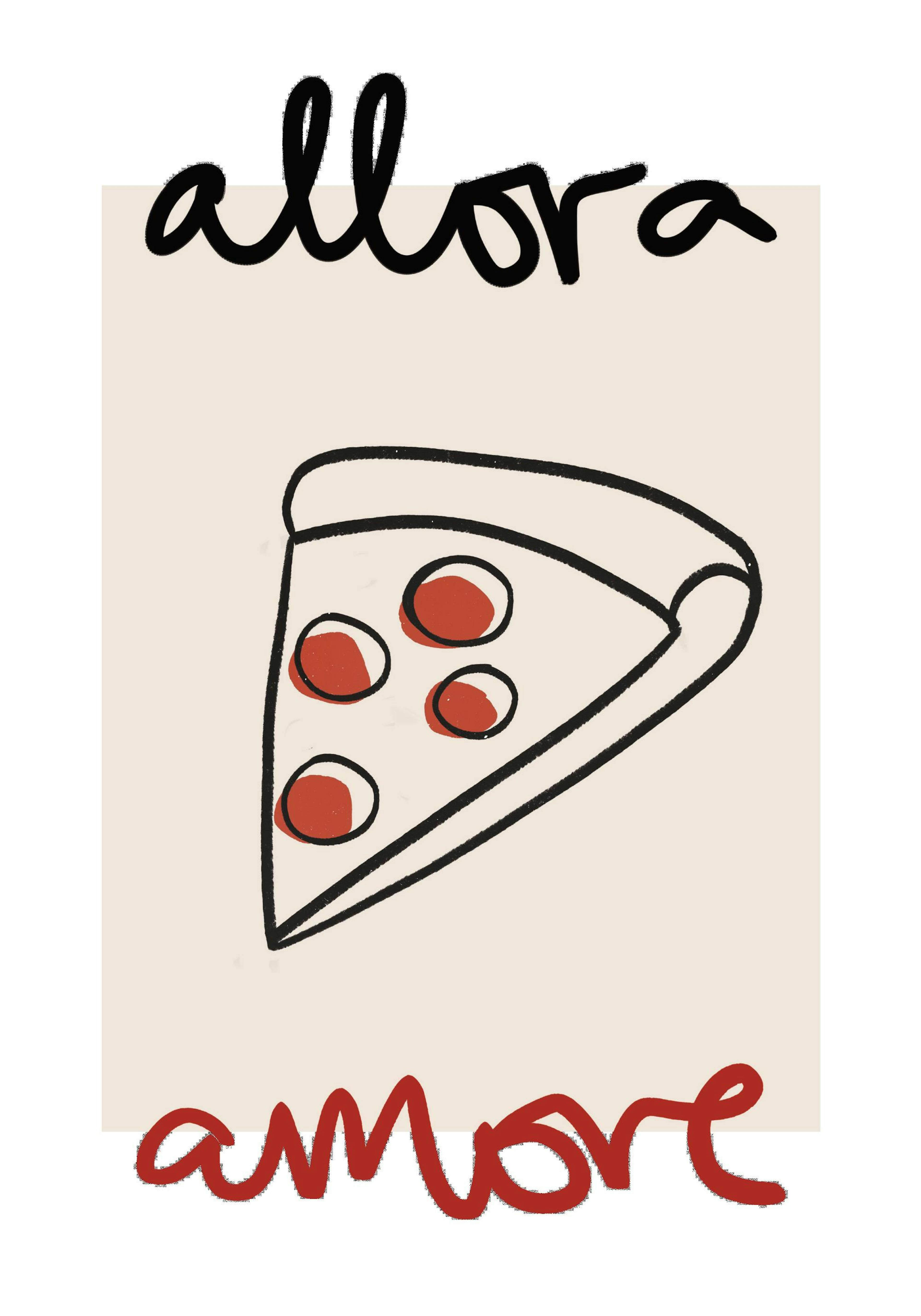 Illustrazione di una fetta di pizza in stile cartone animato con scritte Allora e Amore in nero e rosso, perfetta per la cucina.
