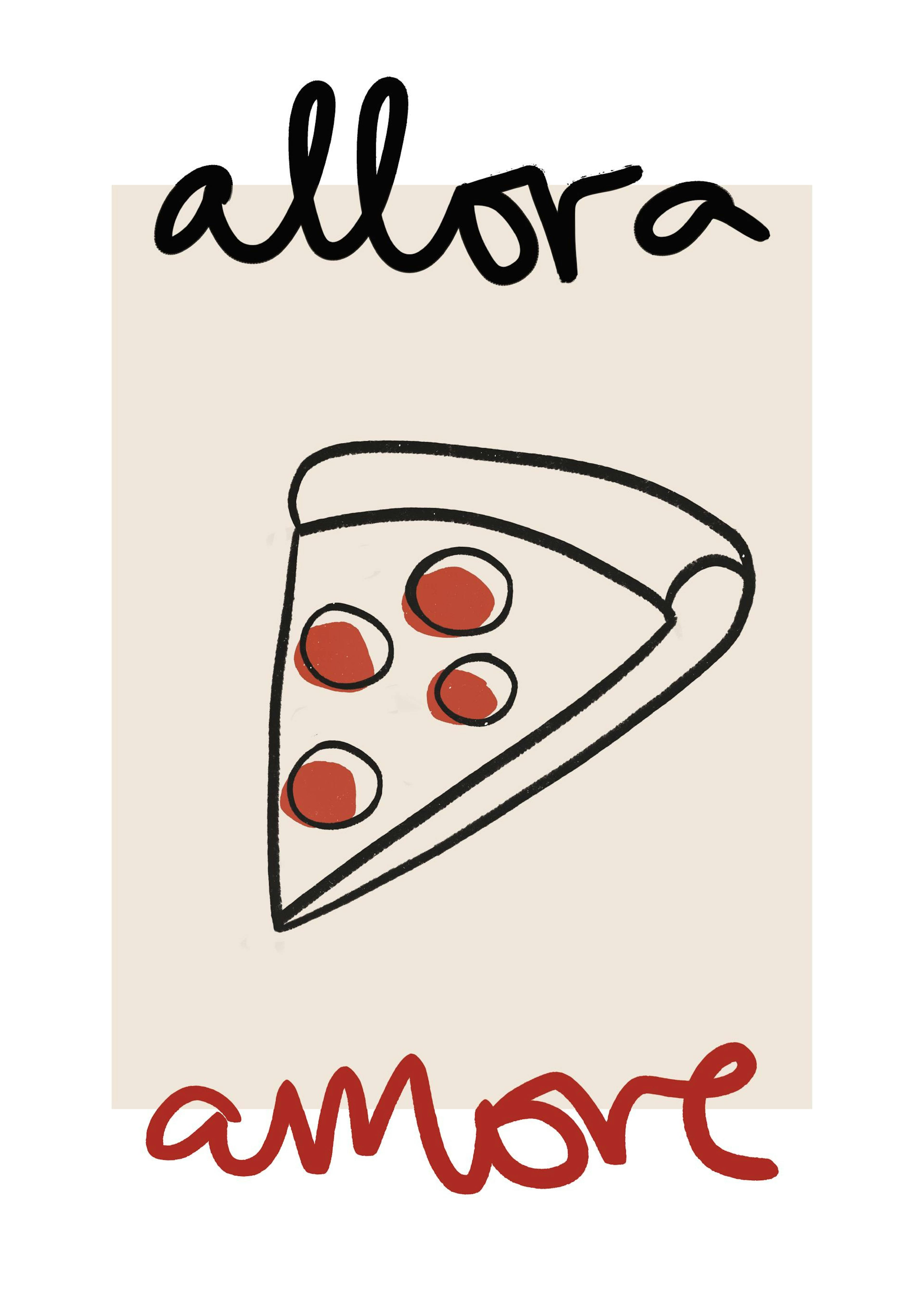 Illustrazione di una fetta di pizza in stile cartone animato con scritte Allora e Amore in nero e rosso, perfetta per la cucina.
