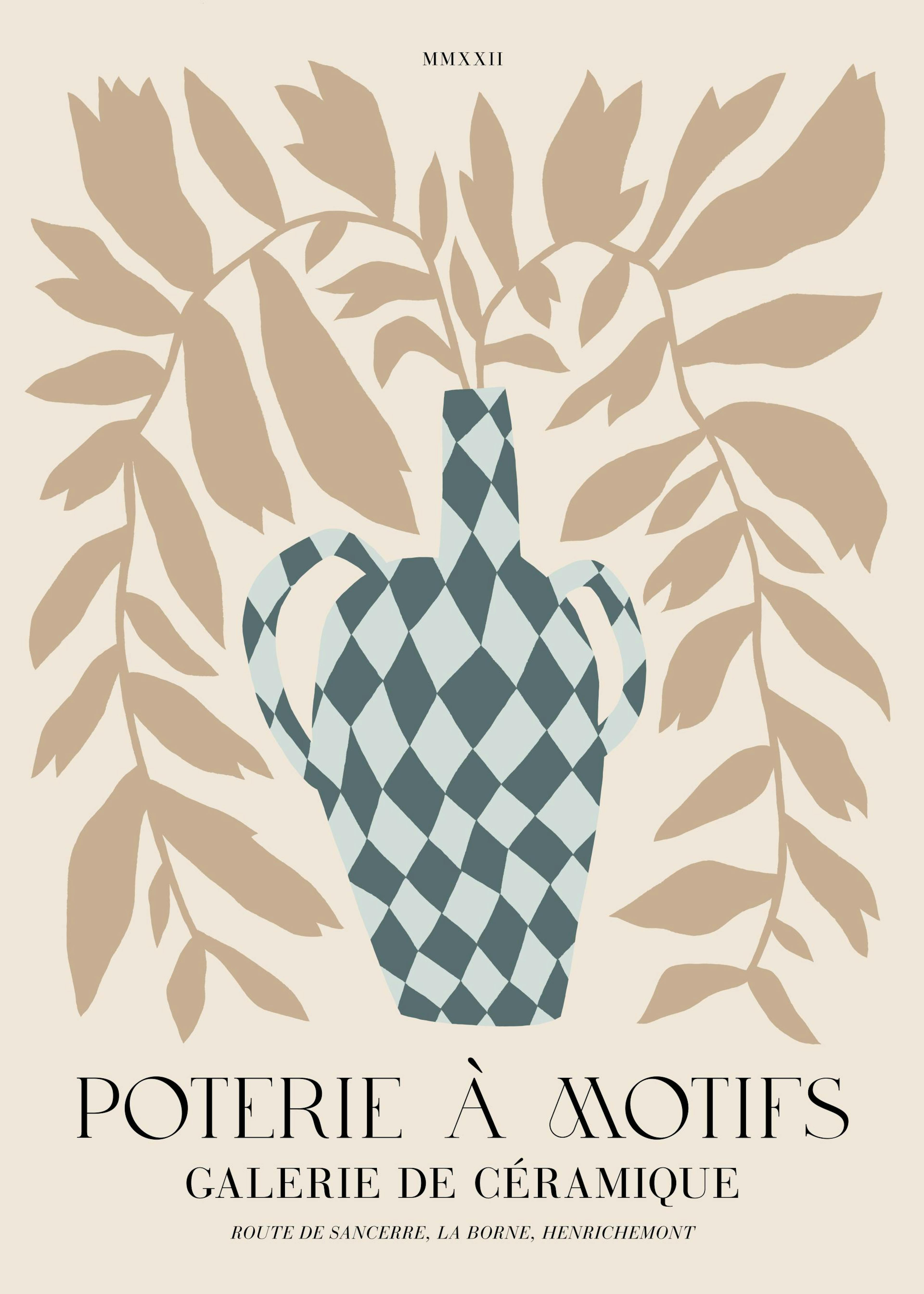 Poterie à motifs art print with a checkered vase and botanical elements for home decor