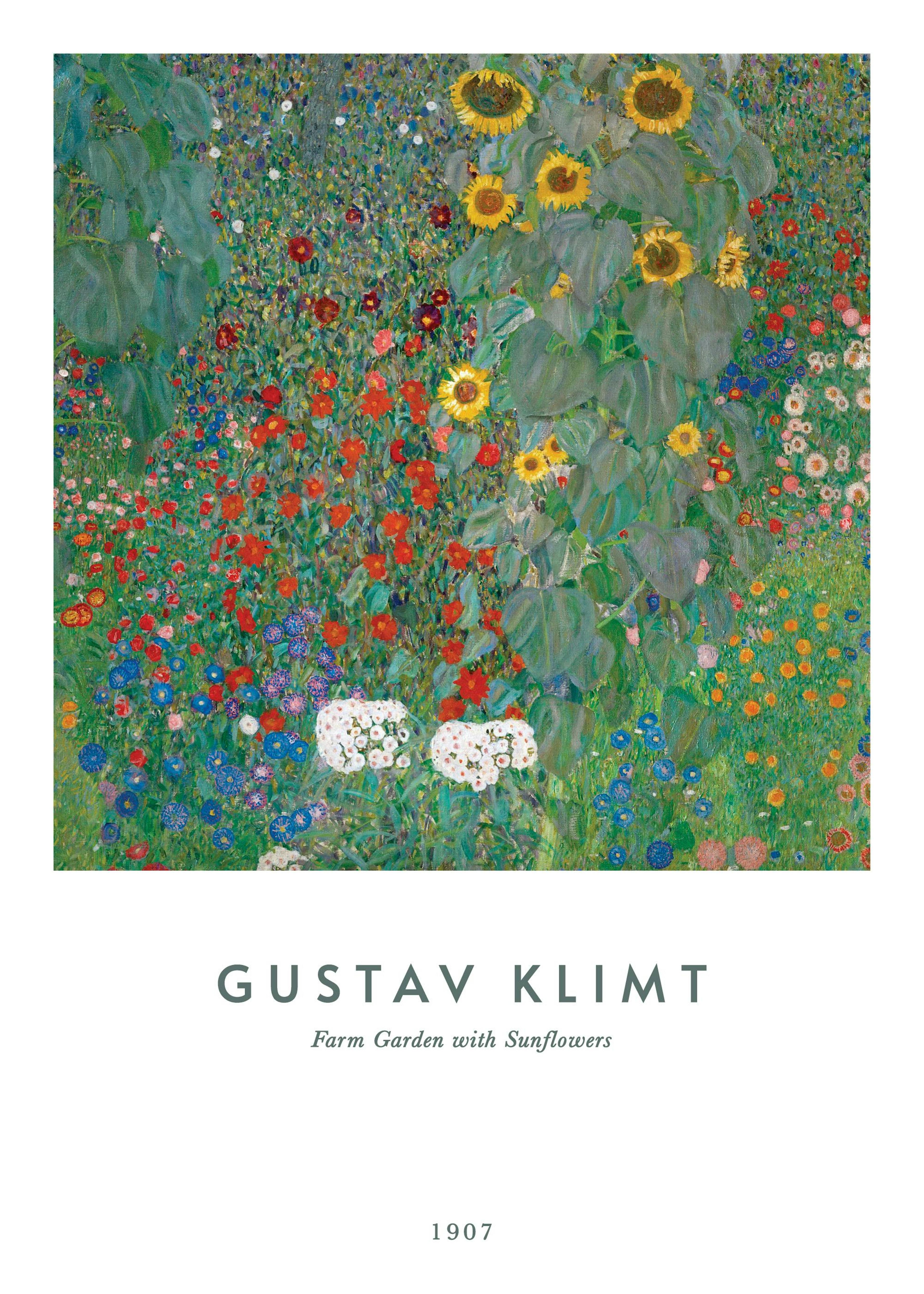 Pintura de Gustav Klimt Farm Garden with Sunflowers, com girassóis, flores vermelhas, azuis e brancas em jardim vibrante.