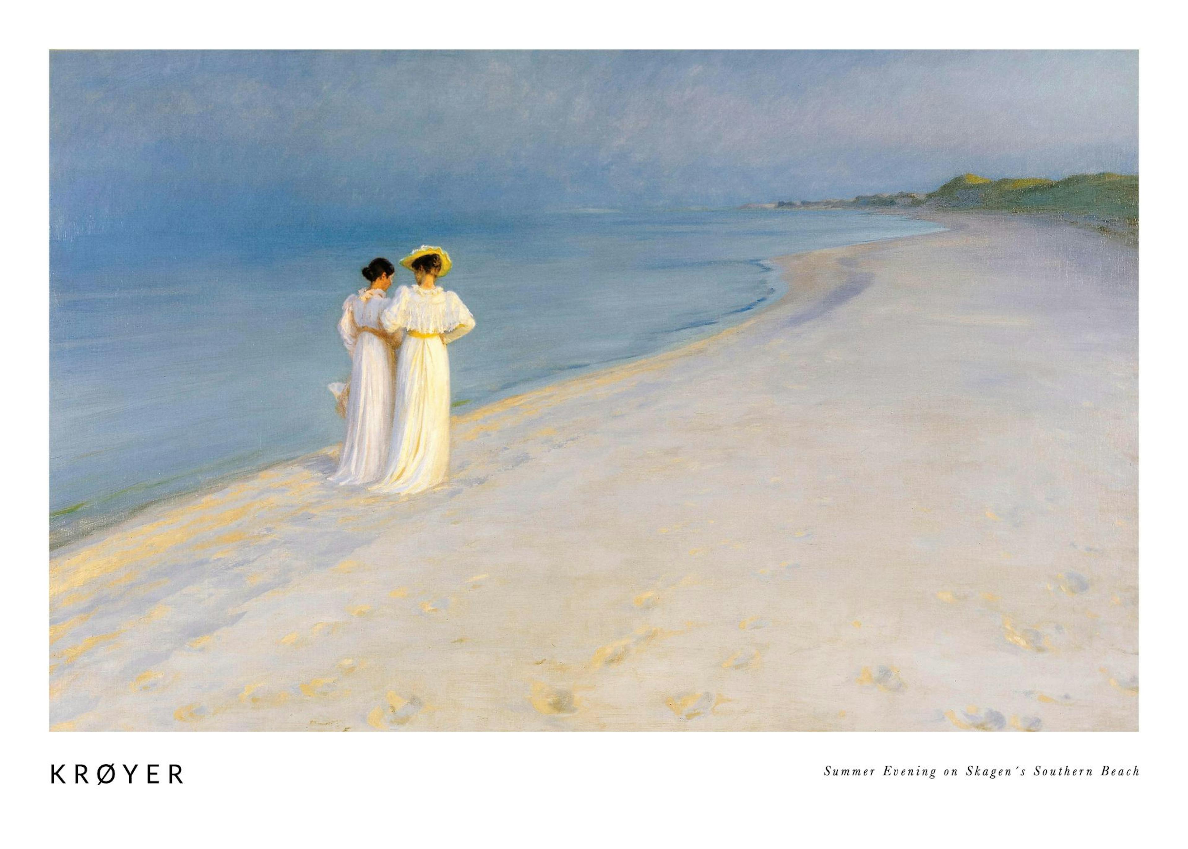 Plakat Krøyera, letni wieczór na plaży Skagen, dwie kobiety w białych sukniach na piasku.
