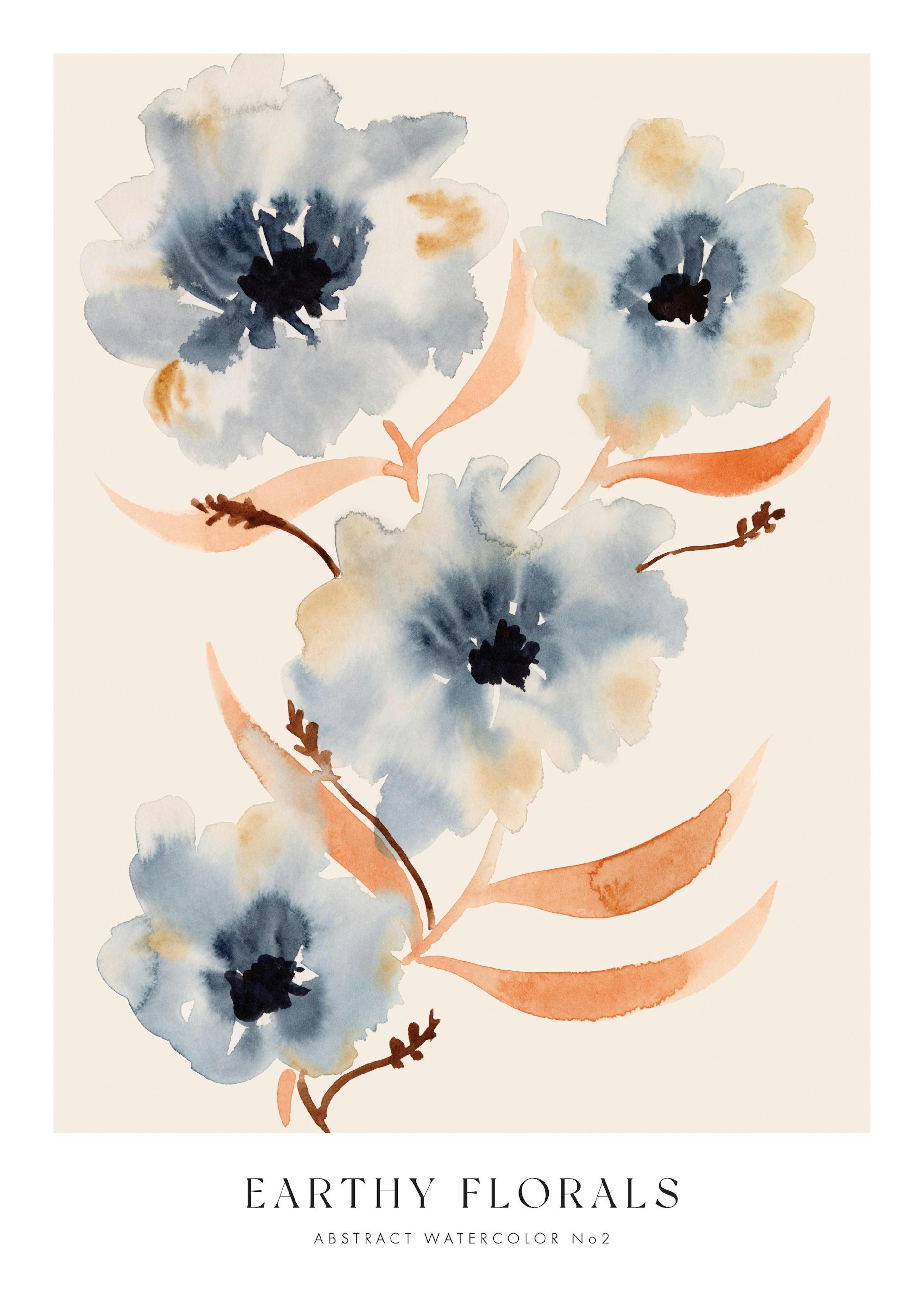 Earthy Florals No2 watercolor print, featuring blue and orange flowers with dark details on a beige background.
