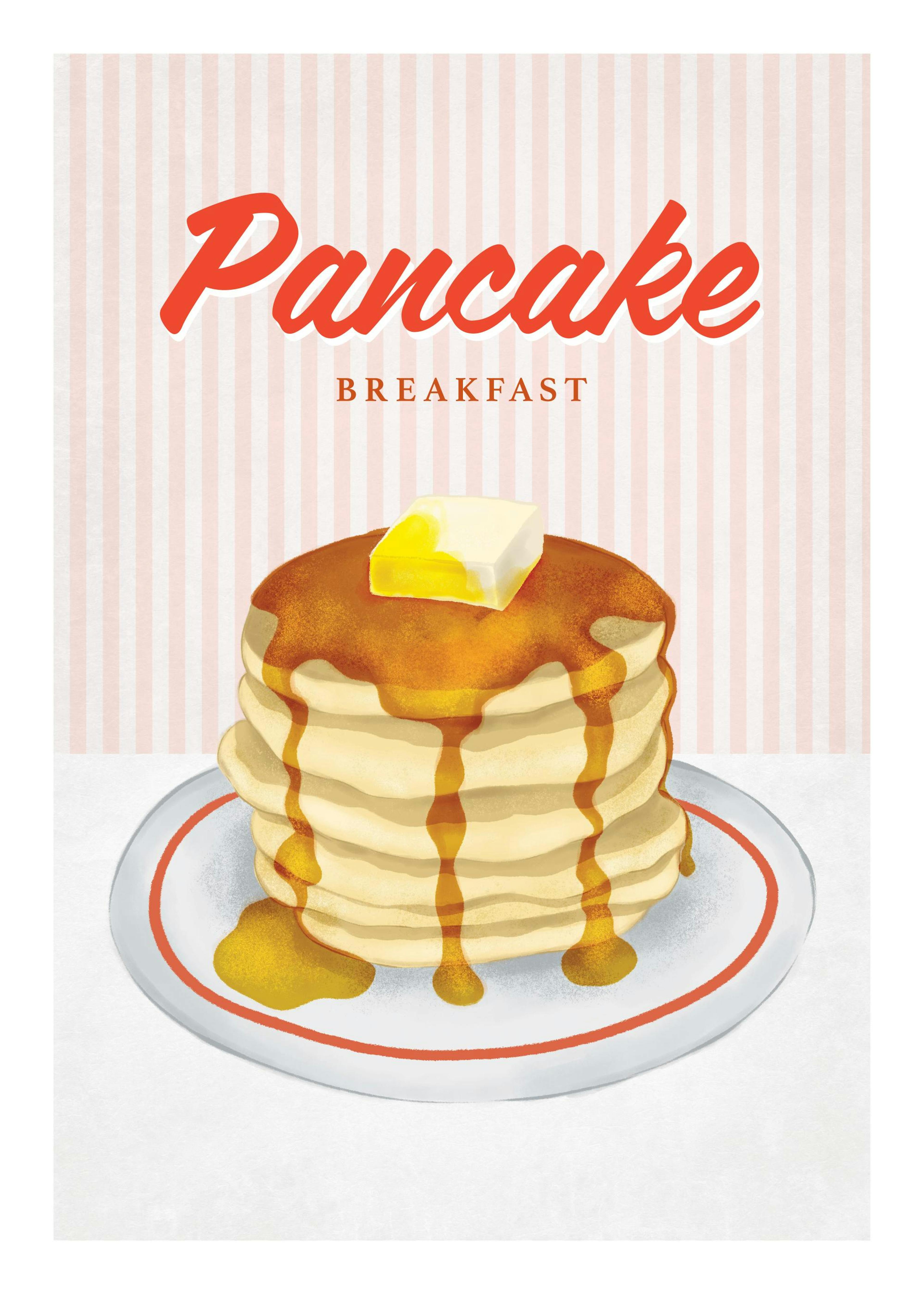 Affiche vintage avec pile de crêpes, beurre et sirop sur une assiette. Texte Pancake Breakfast en rouge.