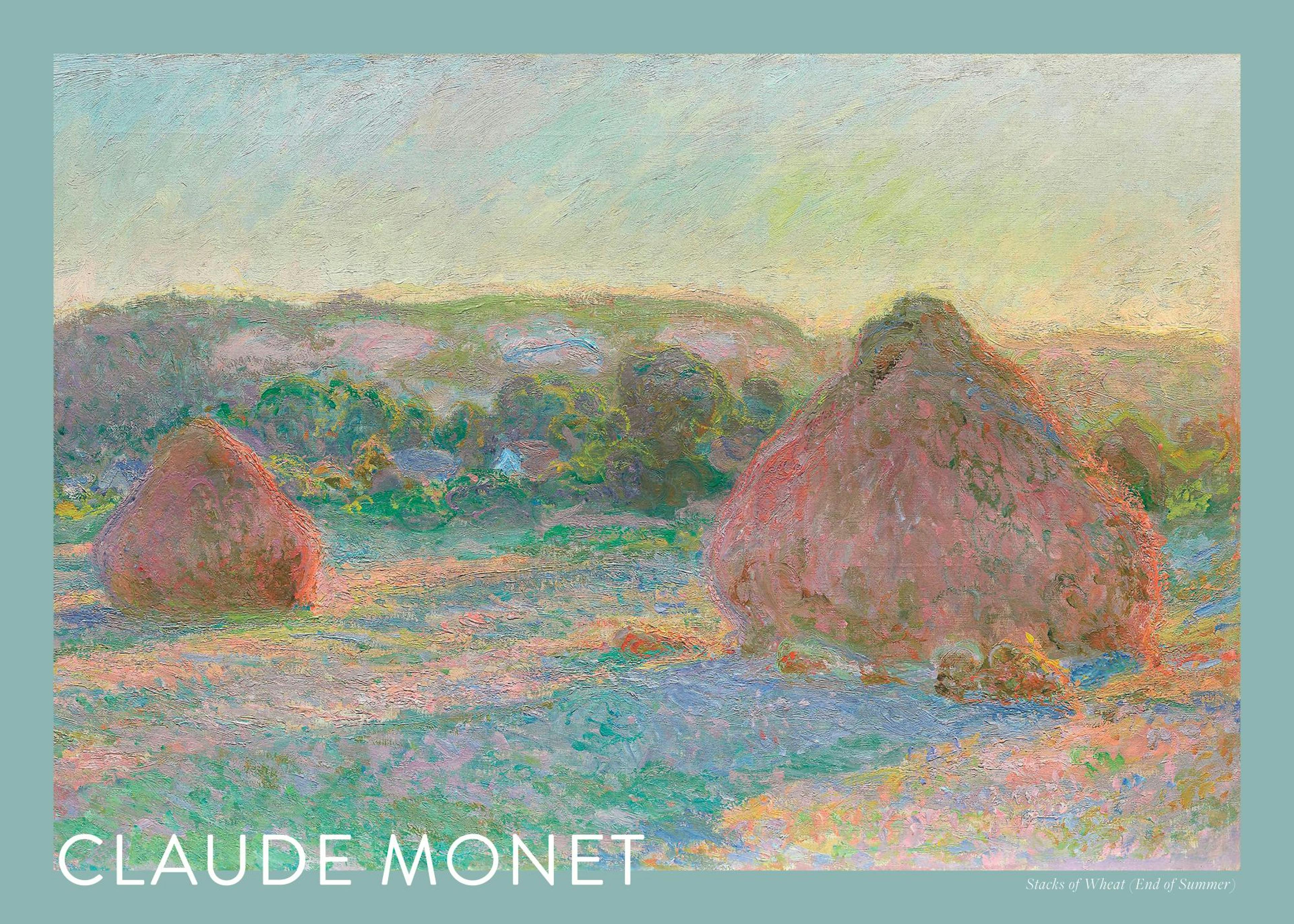 Affiche de Monet, paysage impressionniste avec tas de blé, coucher de soleil rouge, ciel bleu et champs verts.