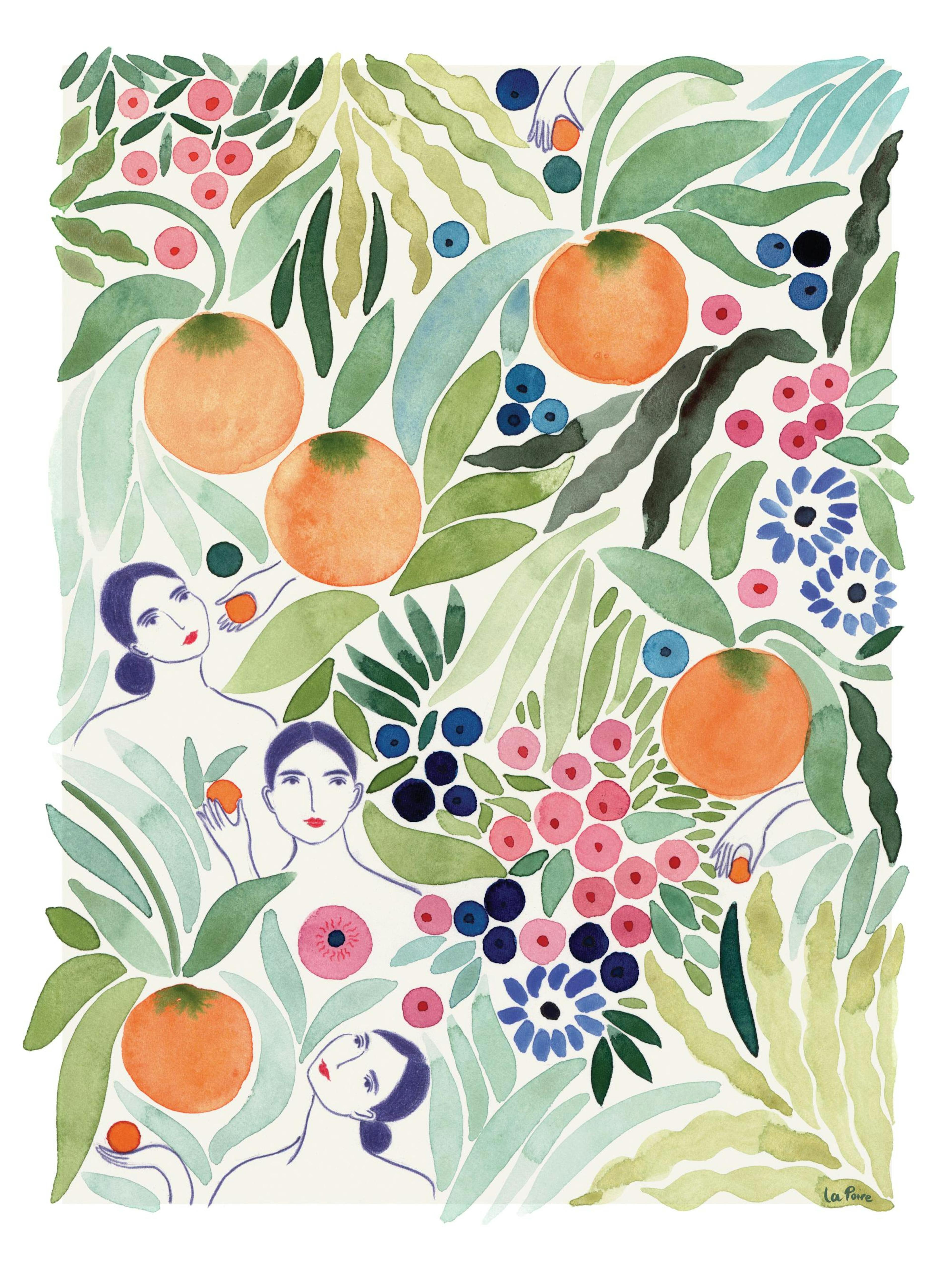 Poster La Poire con donne, arance, bacche e foglie verdi su sfondo bianco, stile acquerello, arte botanica fruttata.