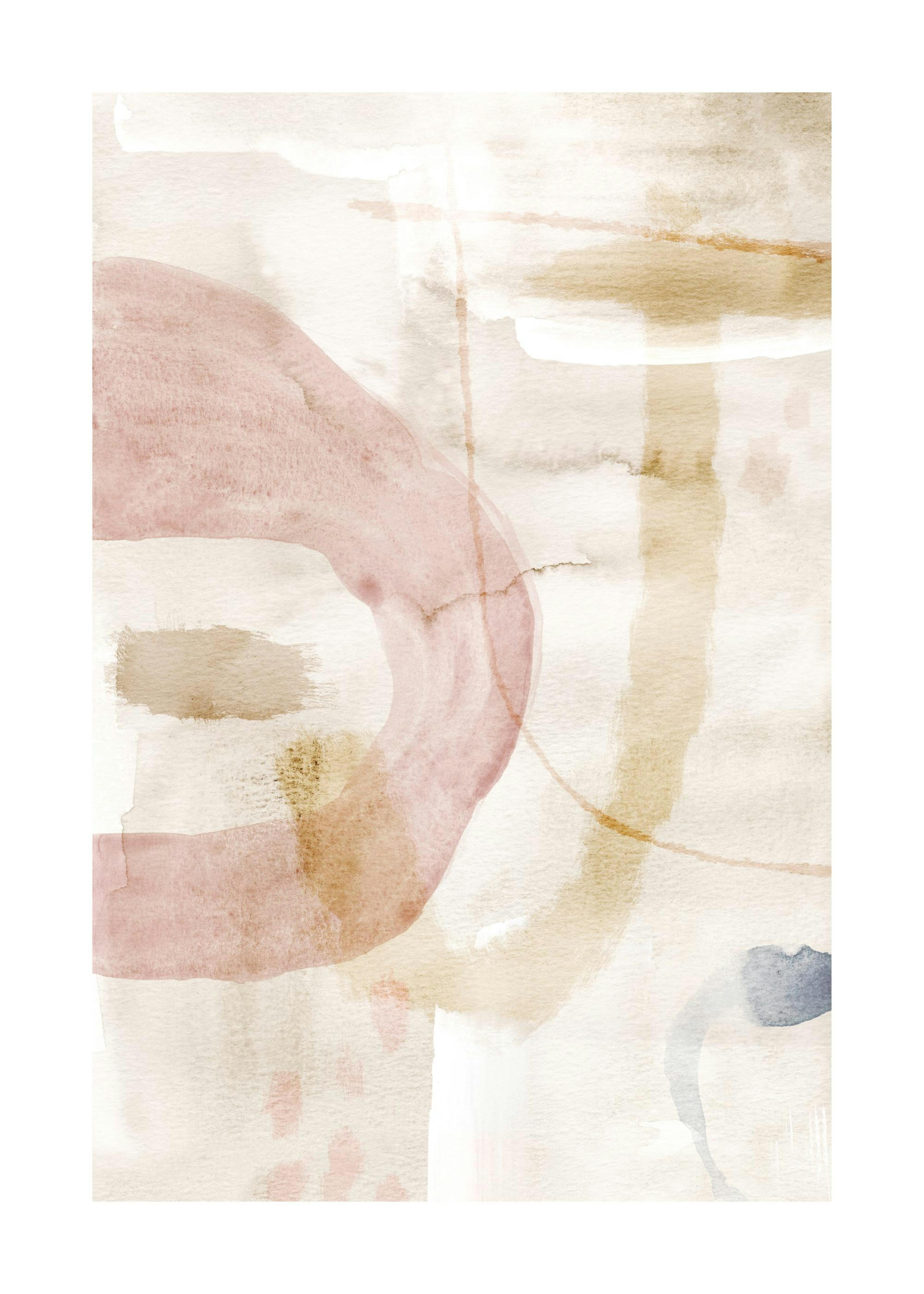 Abstract watercolor poster with soft pink, blue, and brown shapes on a cream background, modern art print.