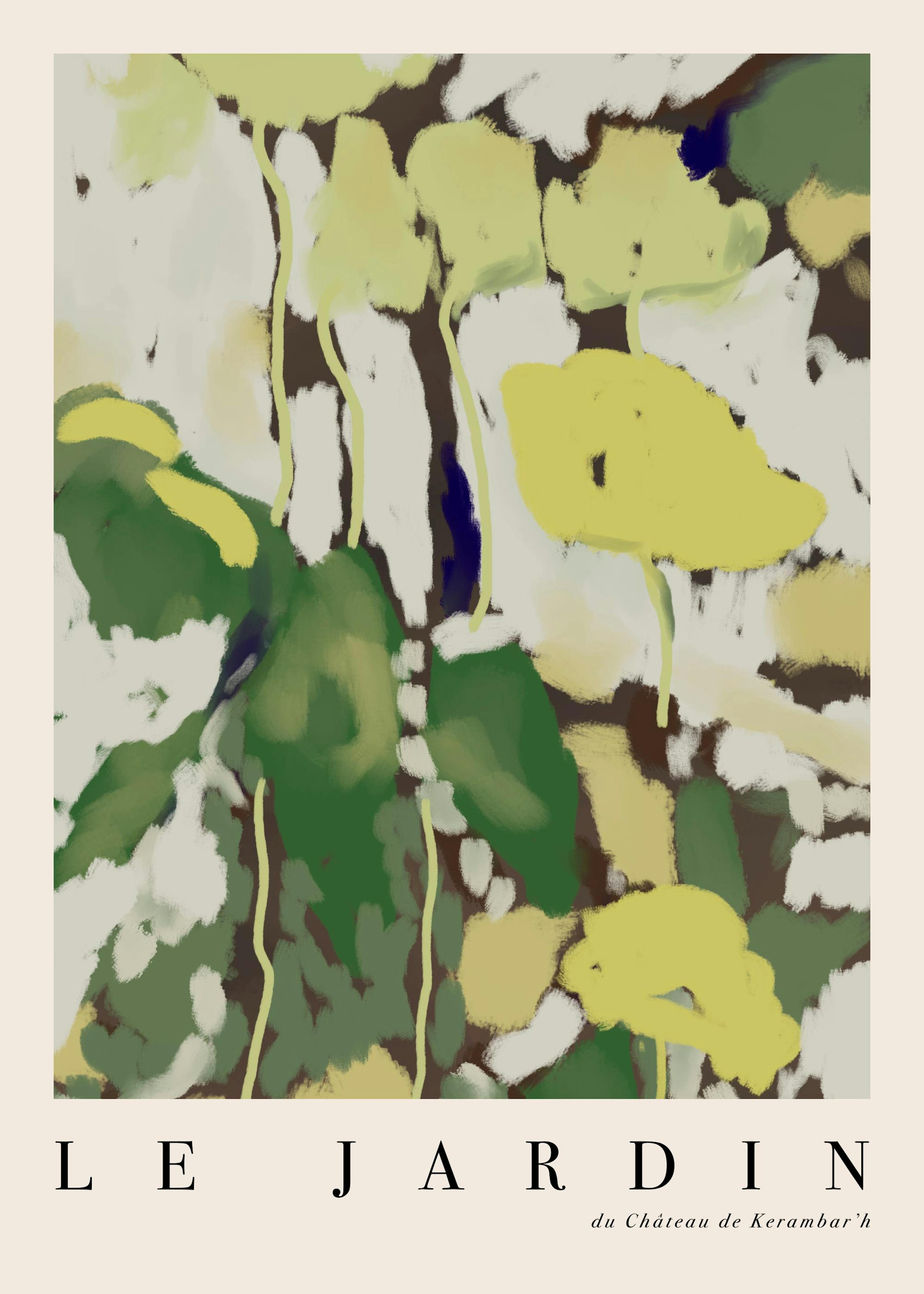 Poster met abstracte bladeren in geel, groen en wit op een donkere achtergrond, Le Jardin tekst