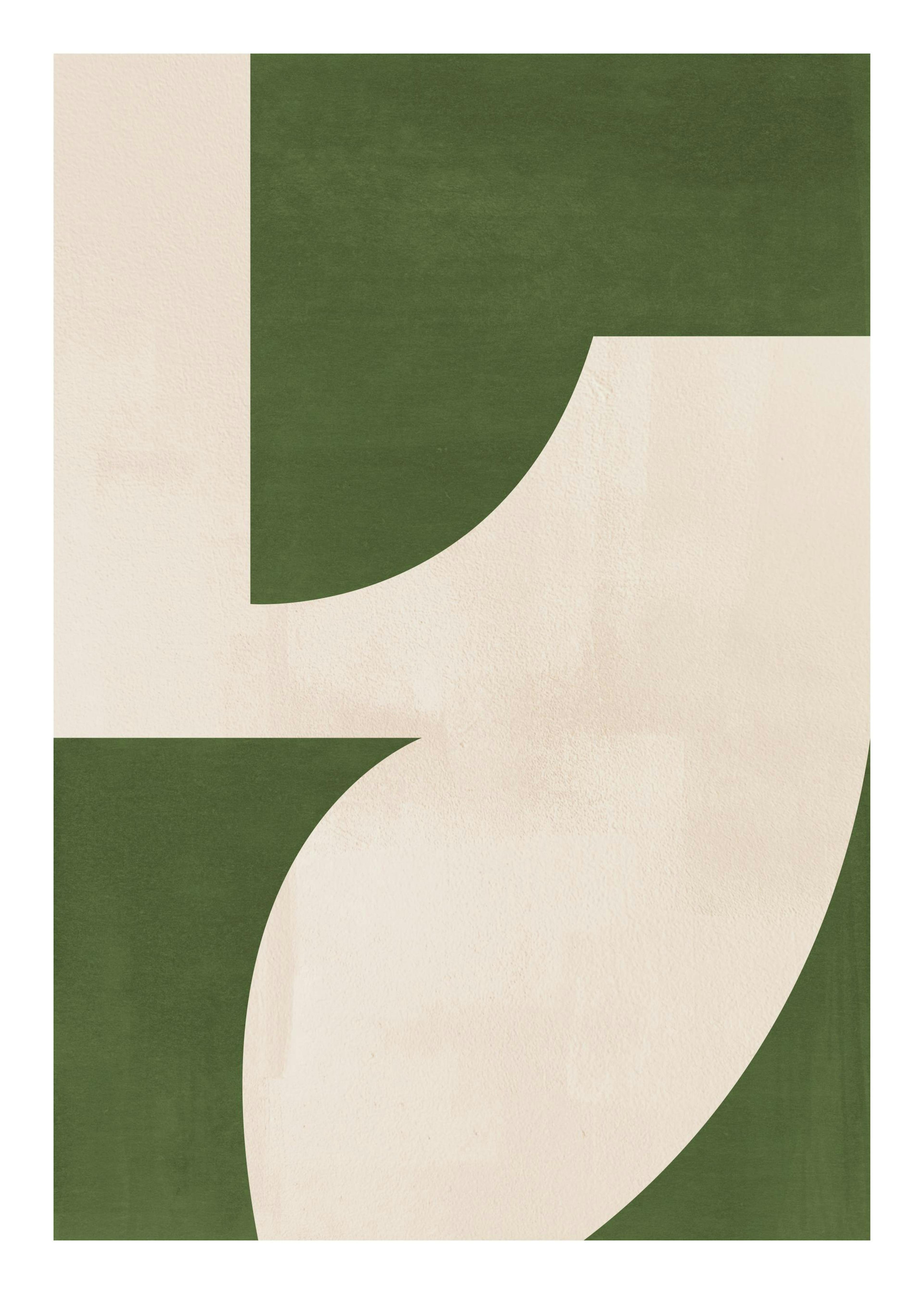 Affiche avec formes géométriques courbes en vert forêt et beige clair, style typographie moderne