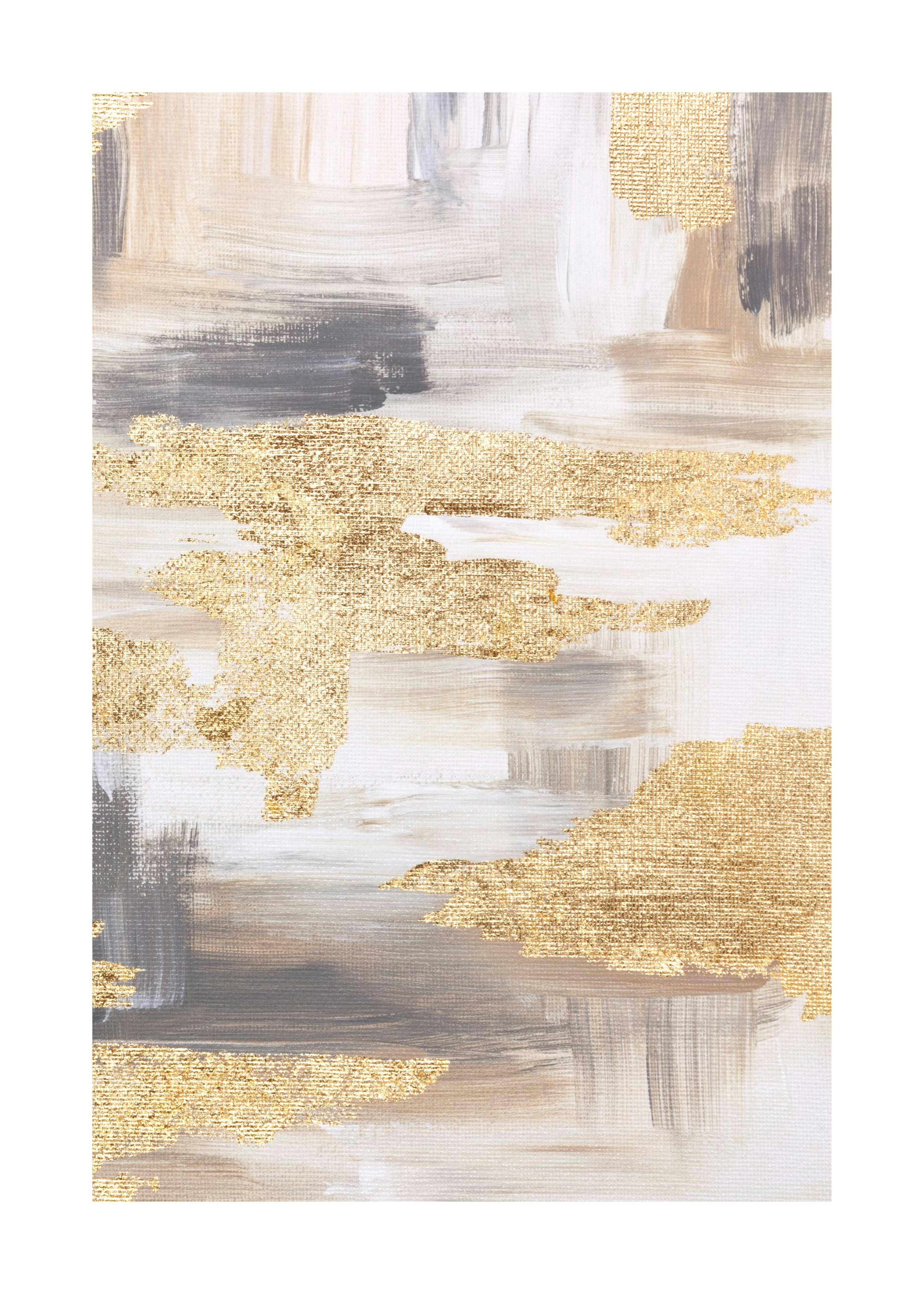 Golden abstract painting with textured strokes in beige, gray, and white, adorned with shimmering gold leaf accents.