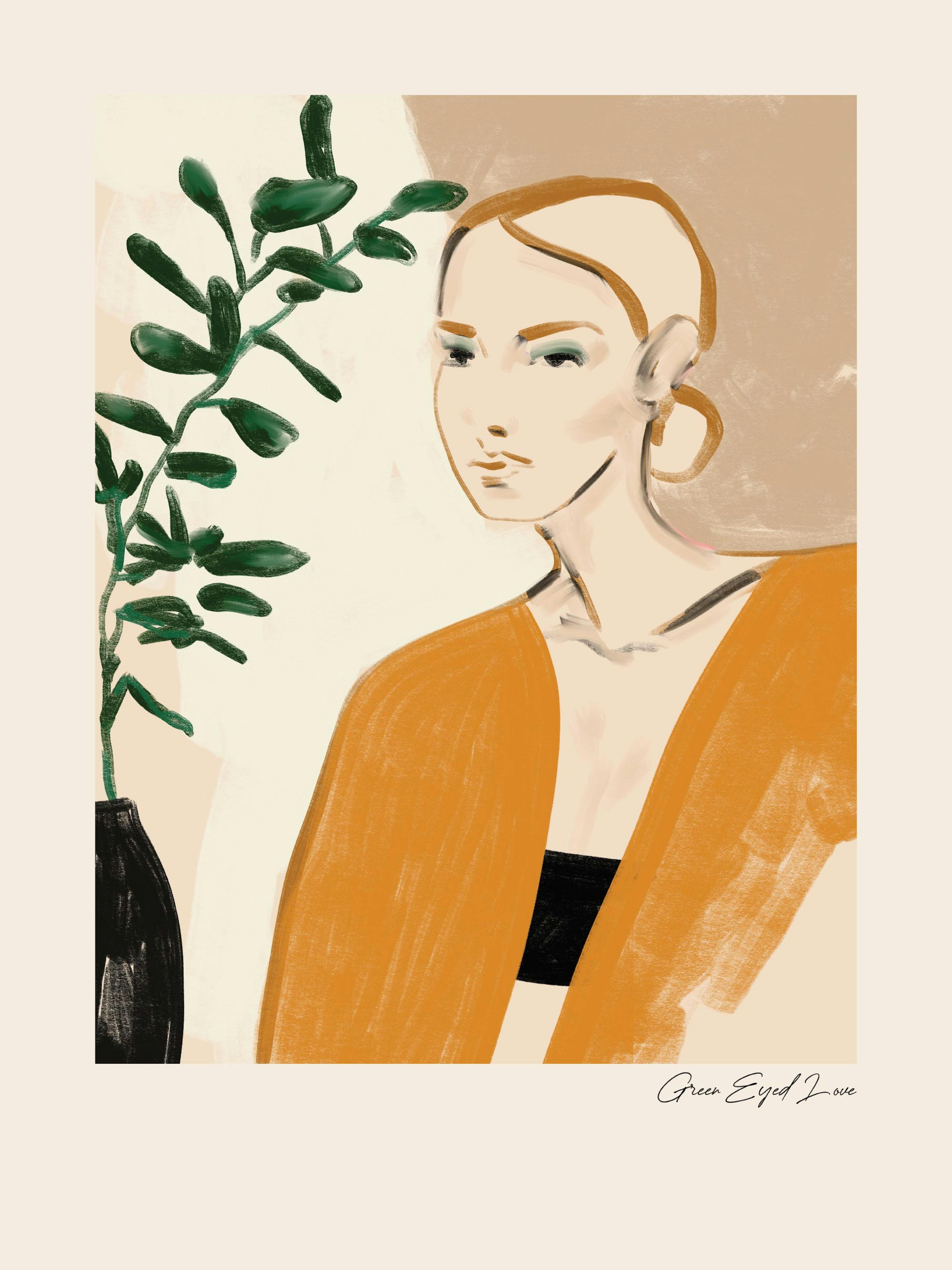Poster ritratto donna in arancione, occhi verdi, pianta verde, sfondo beige, arte moderna