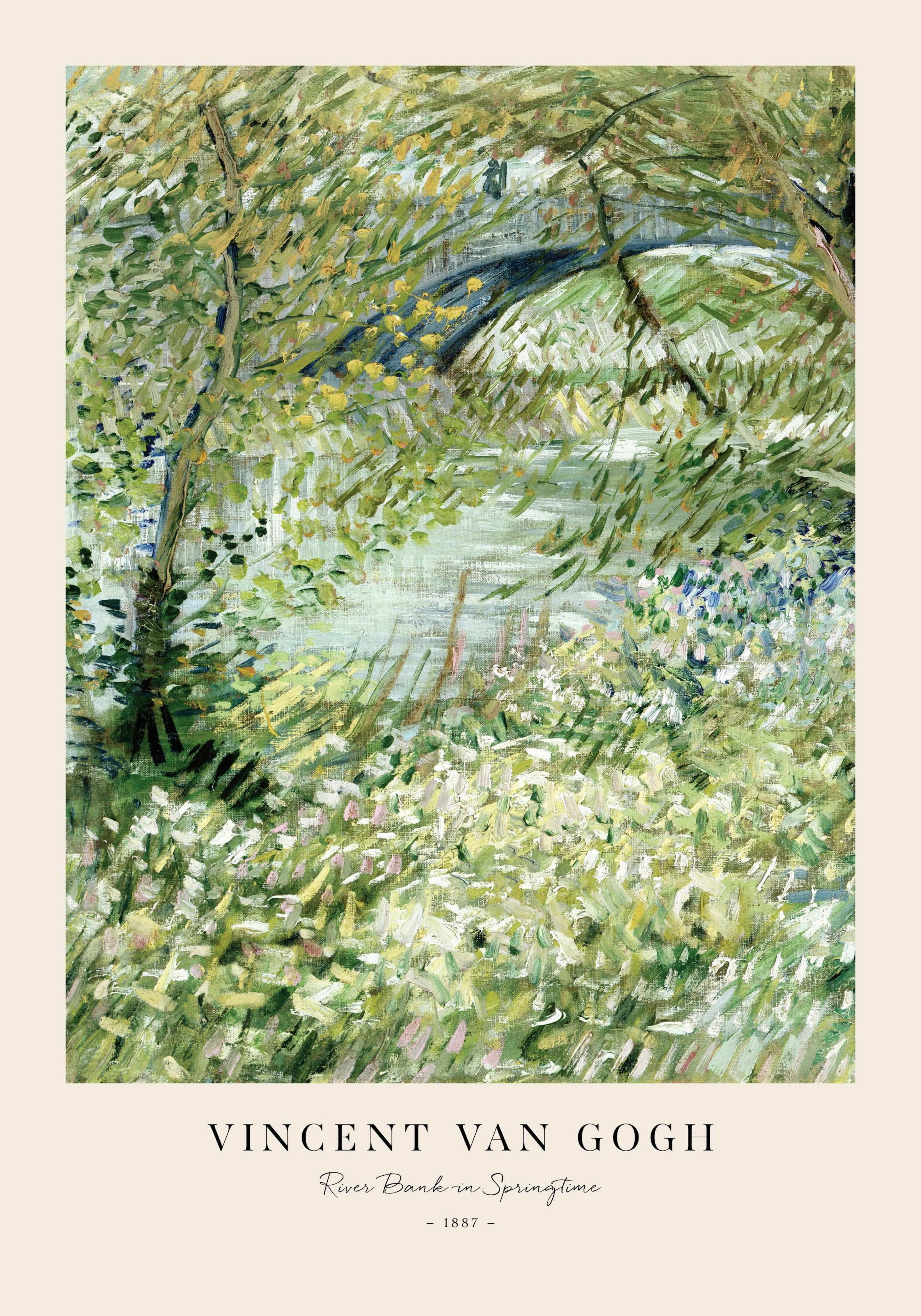 Van Goghs River Bank in Springtime, a vibrant painting of a lush green garden with colorful flowers by a flowing river.