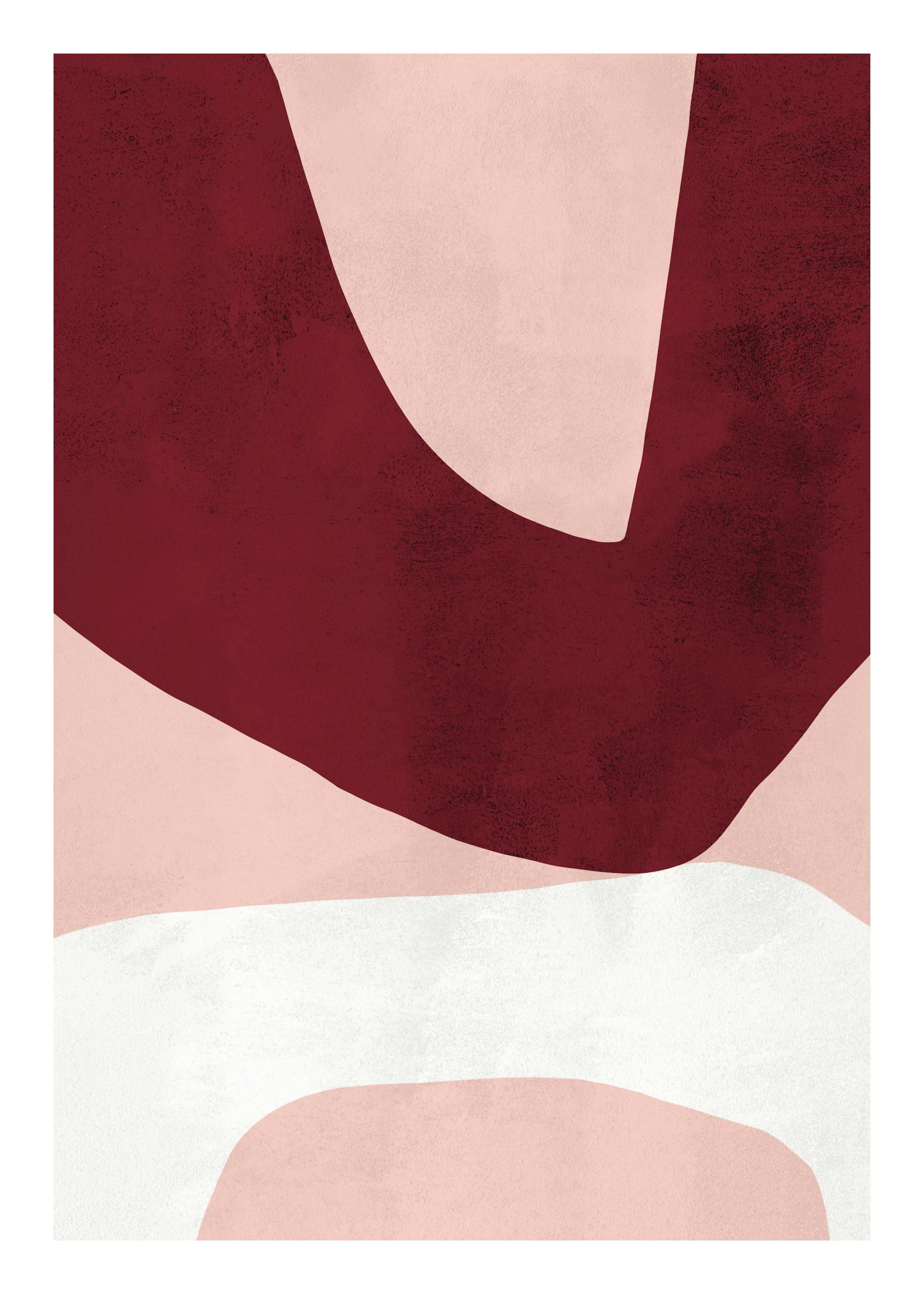 Affiche de formes asymétriques bordeaux et blanches sur fond rose. Art moderne avec typographie abstraite.