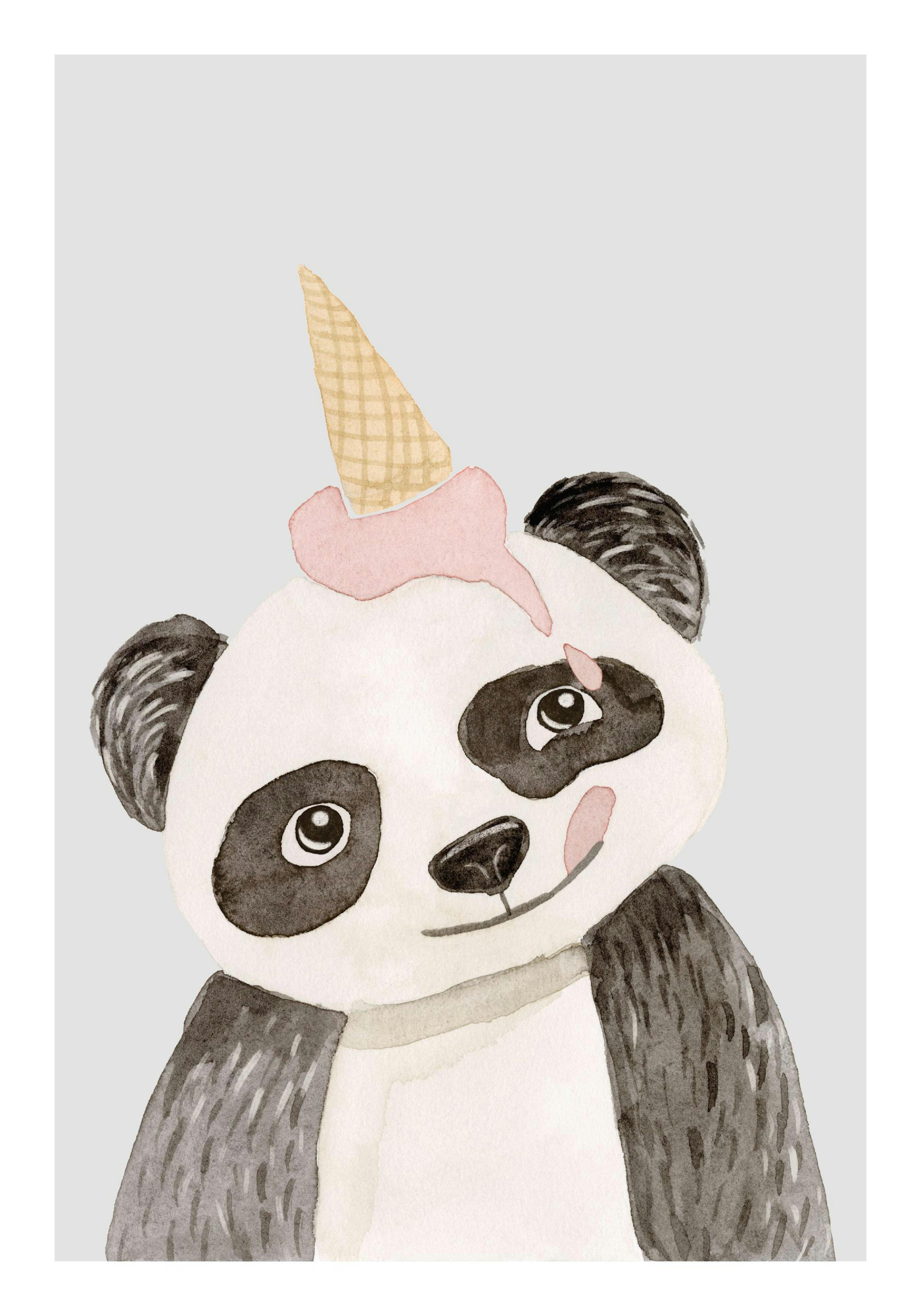 Poster van een panda met een ijshoorntje op zijn hoofd, hangend boven een roze ladekast met een rieten mand.