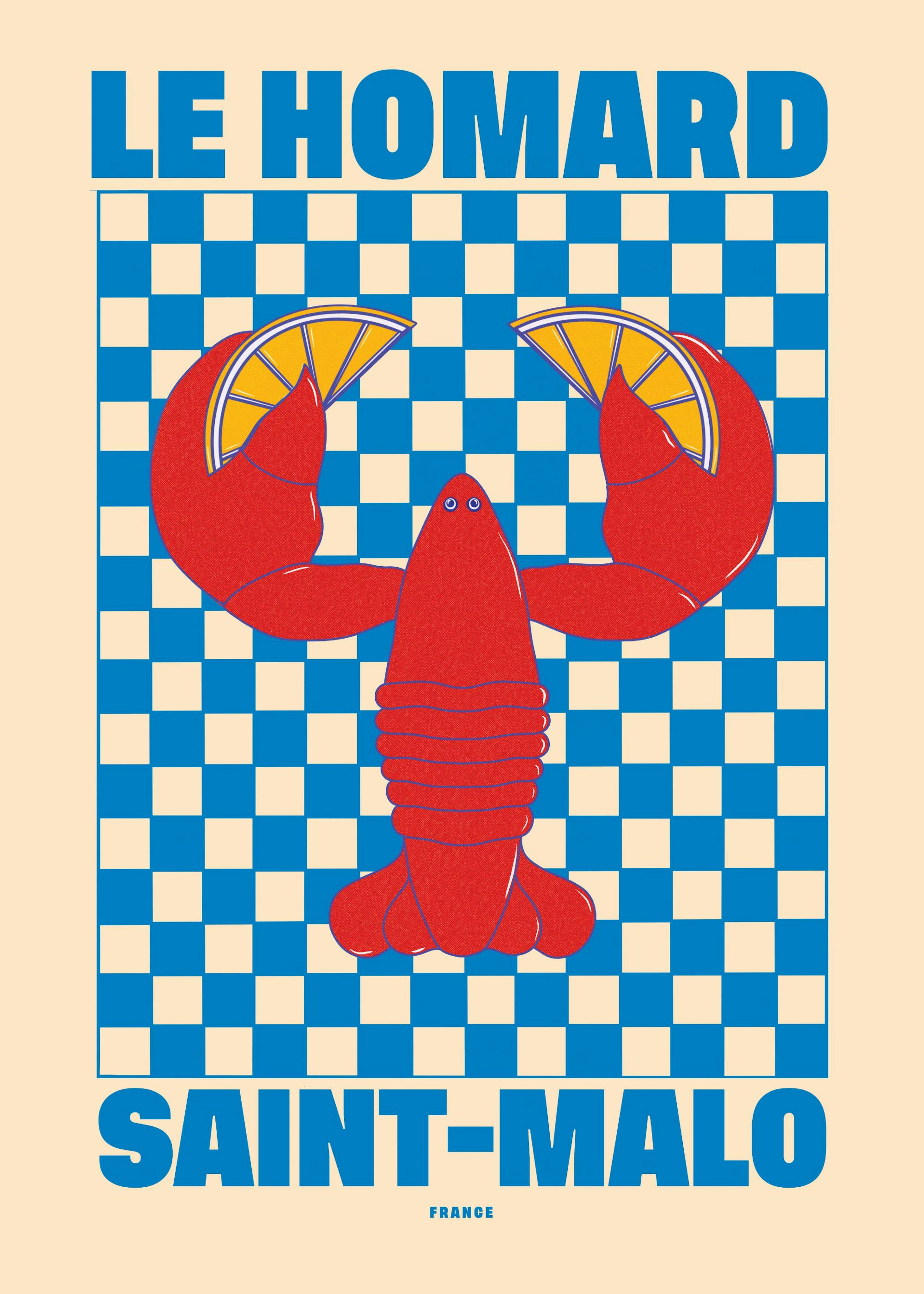 Graphic art print of a red lobster holding lemon slices on a blue and cream checkered background, with LE HOMARD SAINT-MALO FRAN